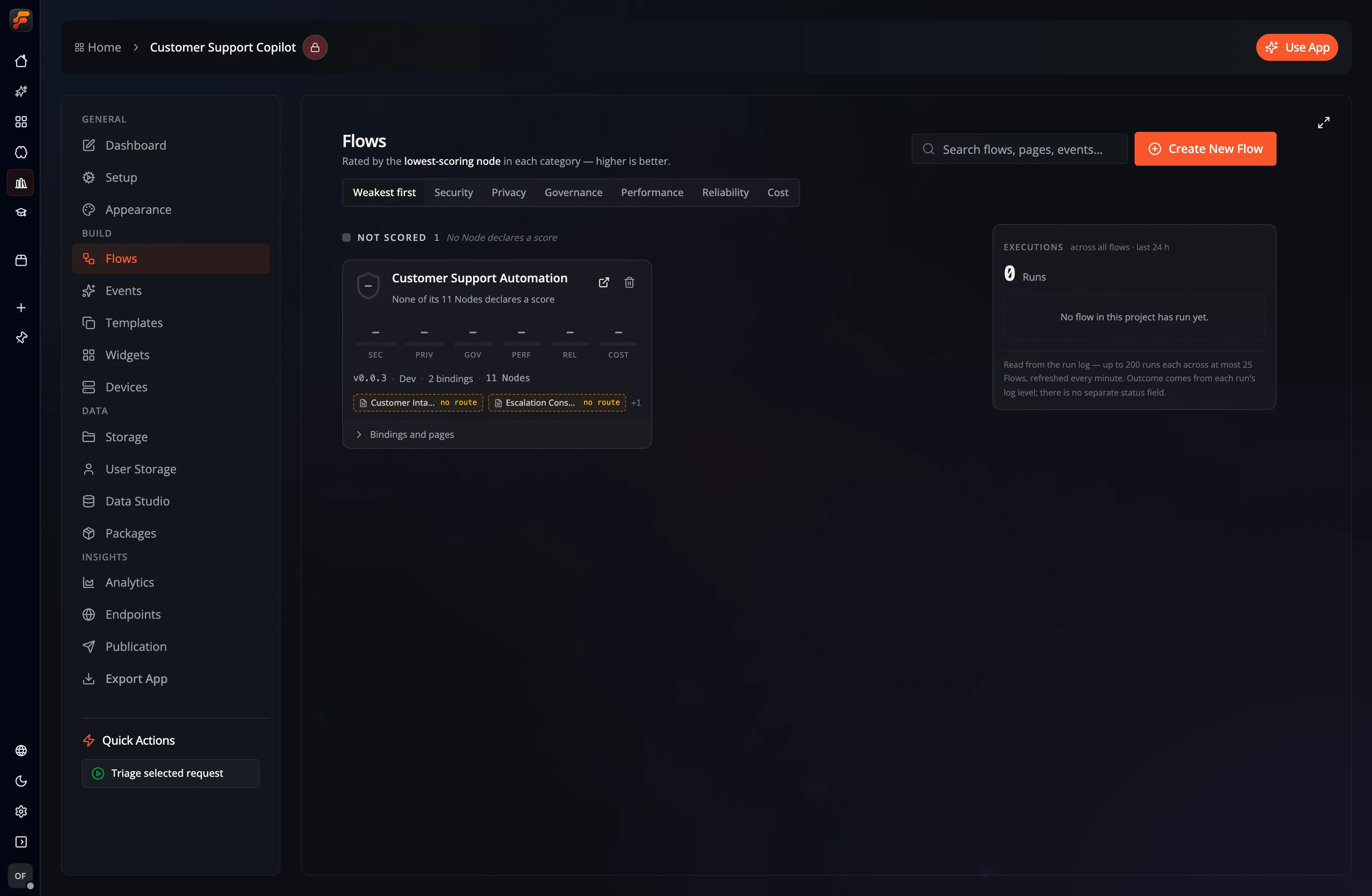 The Flows workspace with a Flow card, score columns, and the Executions rail