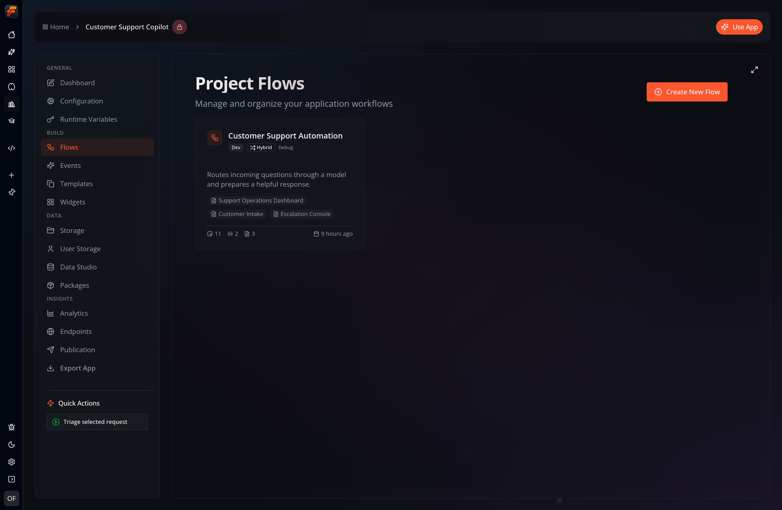 The Project Flows screen in Flow-Like Desktop, showing the Customer Support Automation Flow