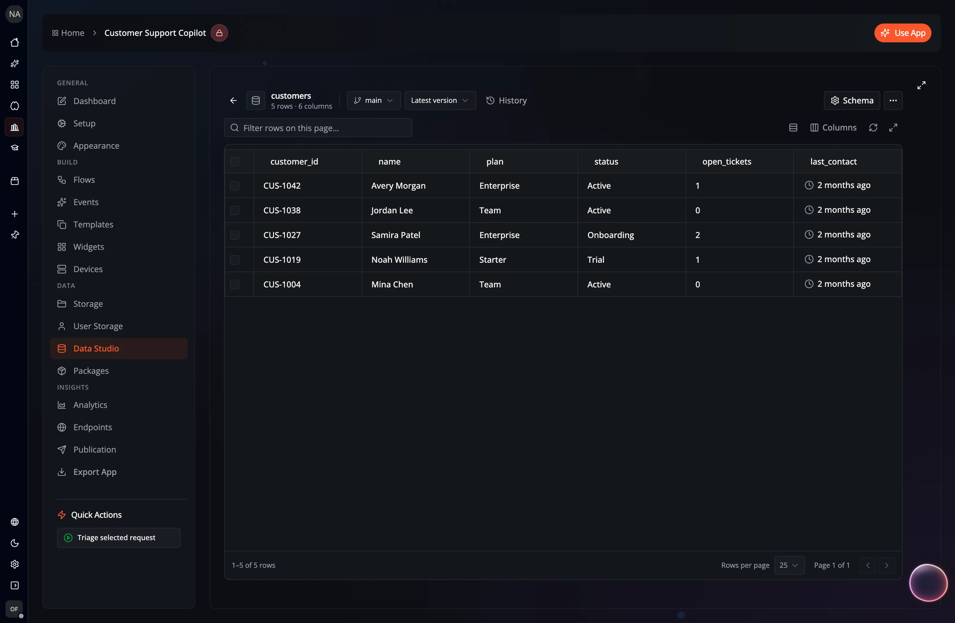 A screenshot of Flow-Like Desktop showing a preview of a custom database populated with data from flow executions