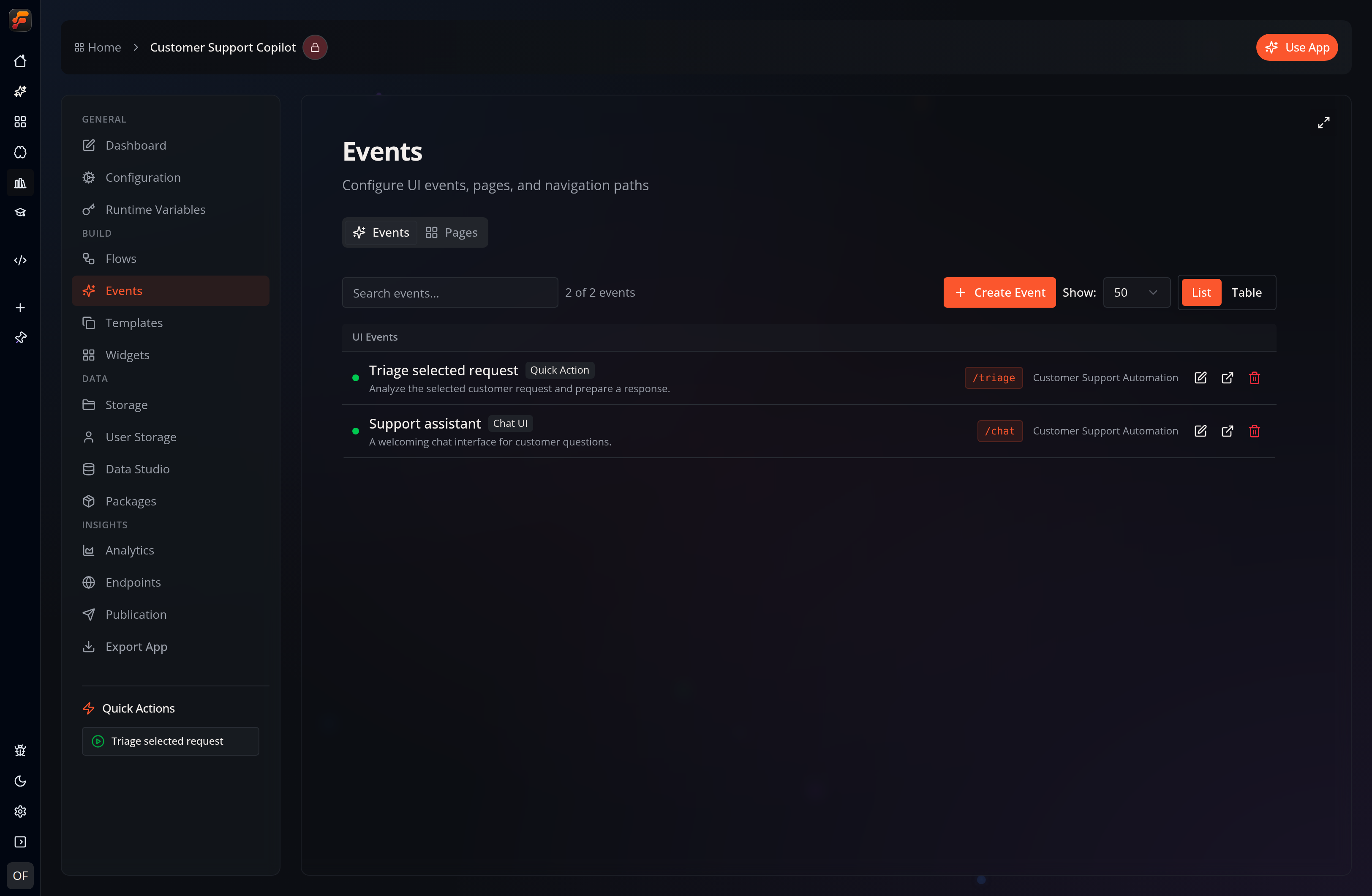 Route badges in the Events workspace