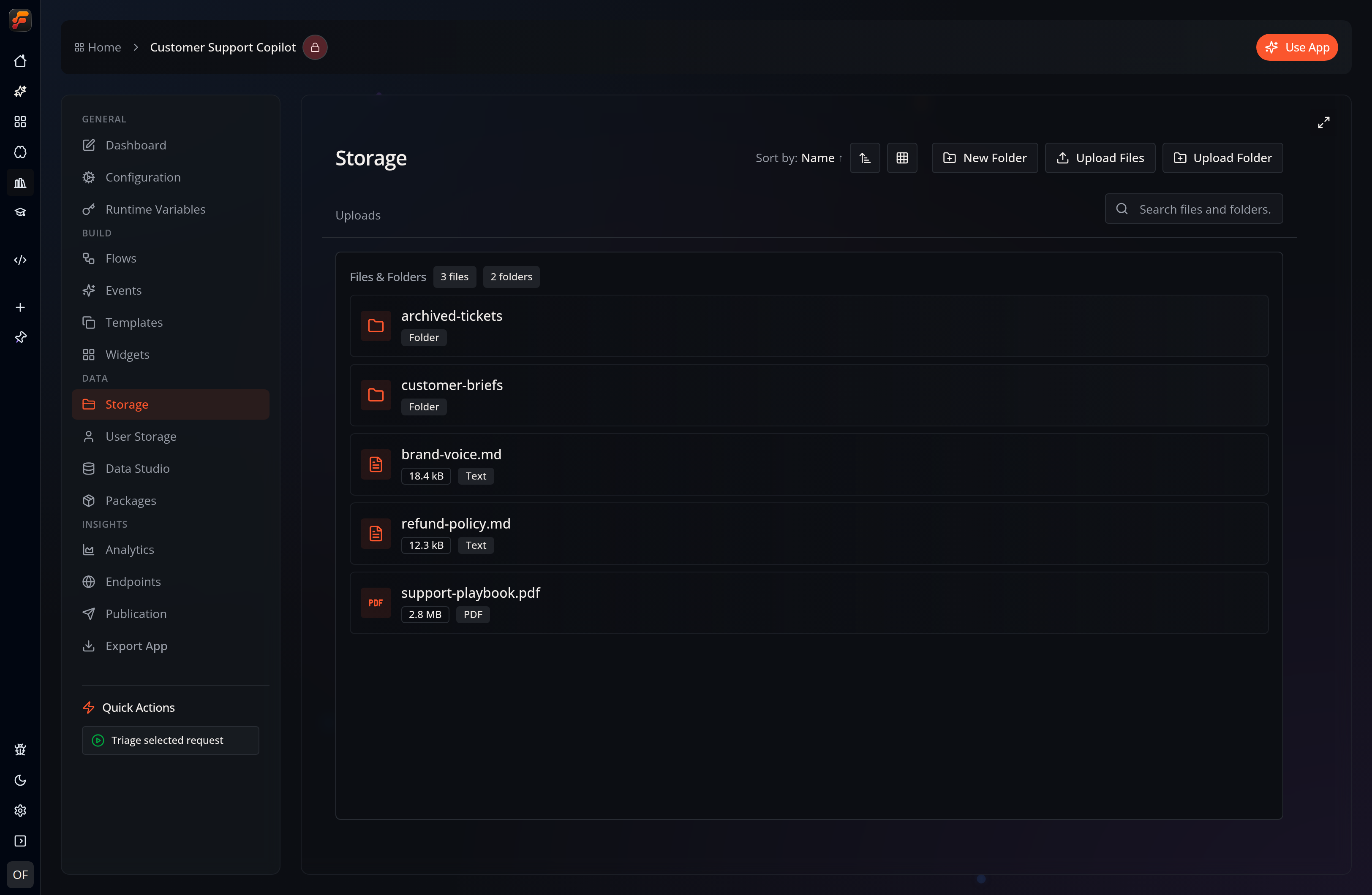A screenshot of Flow-Like Desktop showing the upload directory of an app