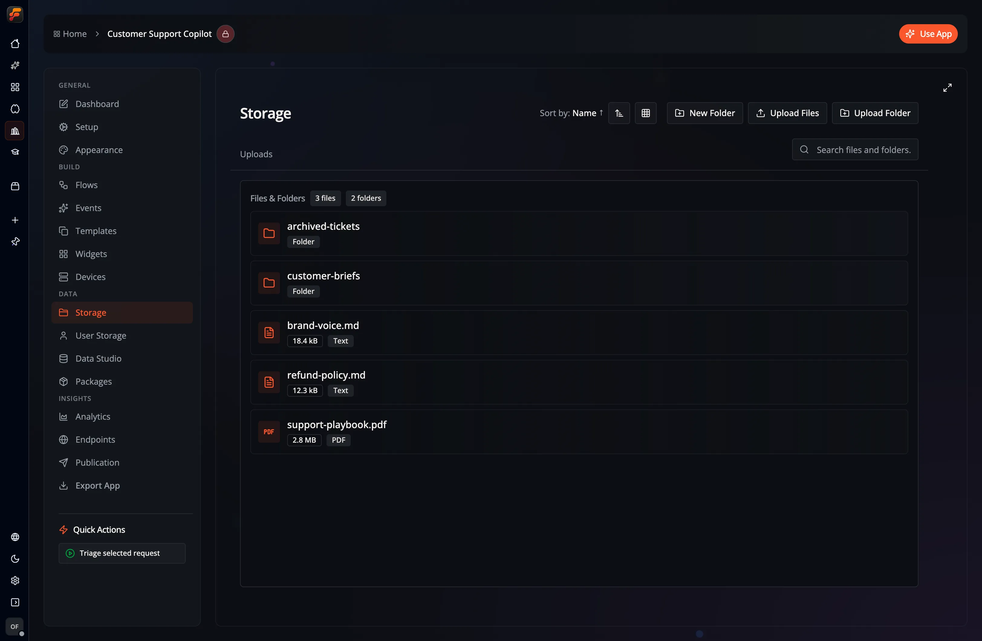 A screenshot of Flow-Like Desktop showing the upload directory of an app