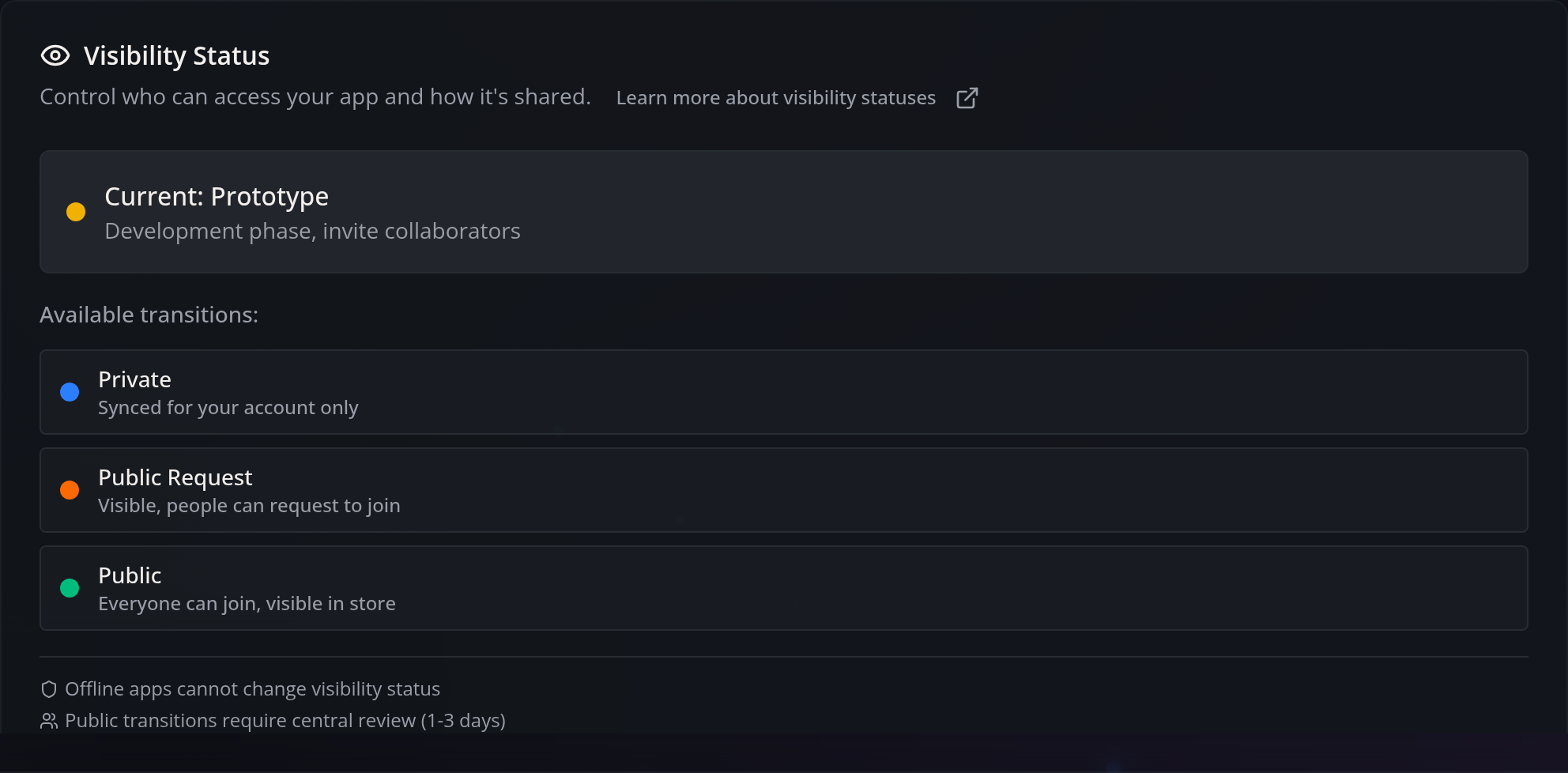 The Visibility Status section on the Details tab of an app Dashboard in Flow-Like Desktop
