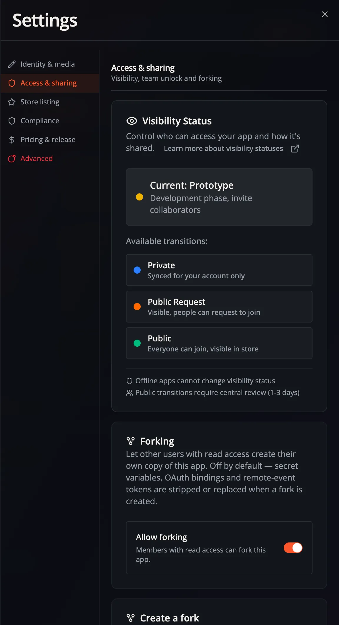 App visibility controls in the Dashboard's Access and sharing settings