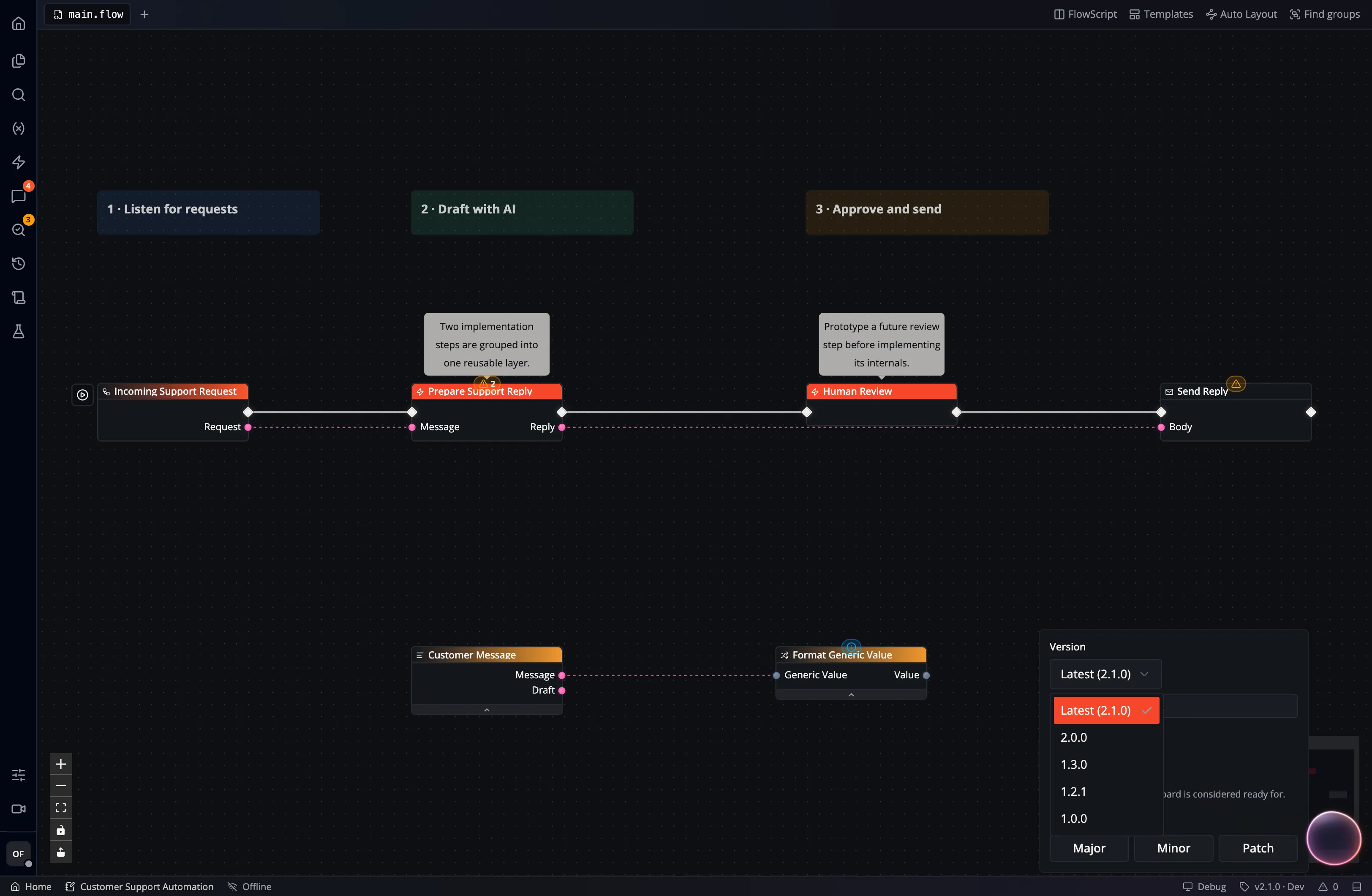 The Version controls in Flow-Like Studio, showing the version selector and snapshot actions
