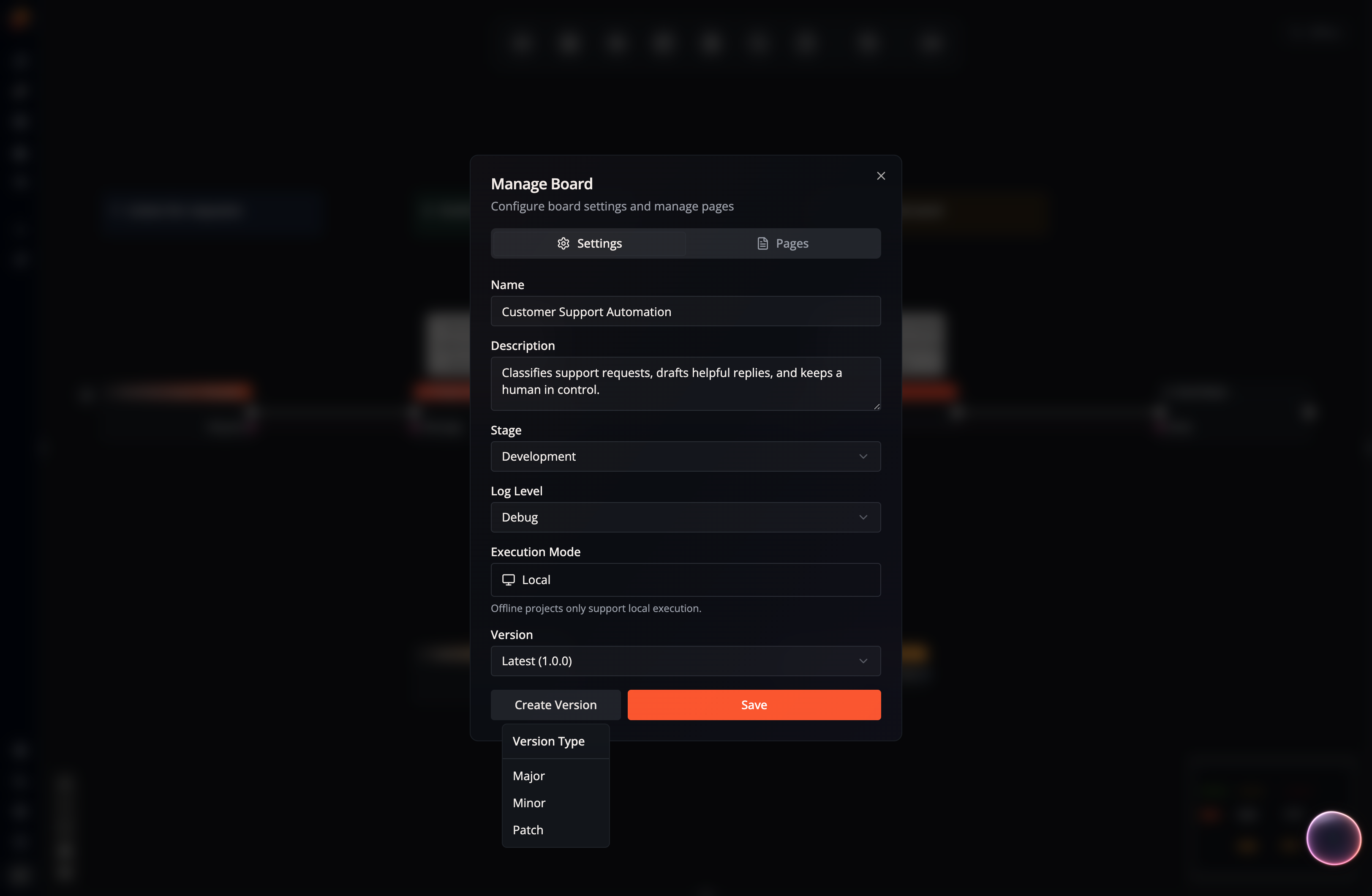 The Manage Board dialog in Flow-Like Studio, showing the version selector and version-creation menu