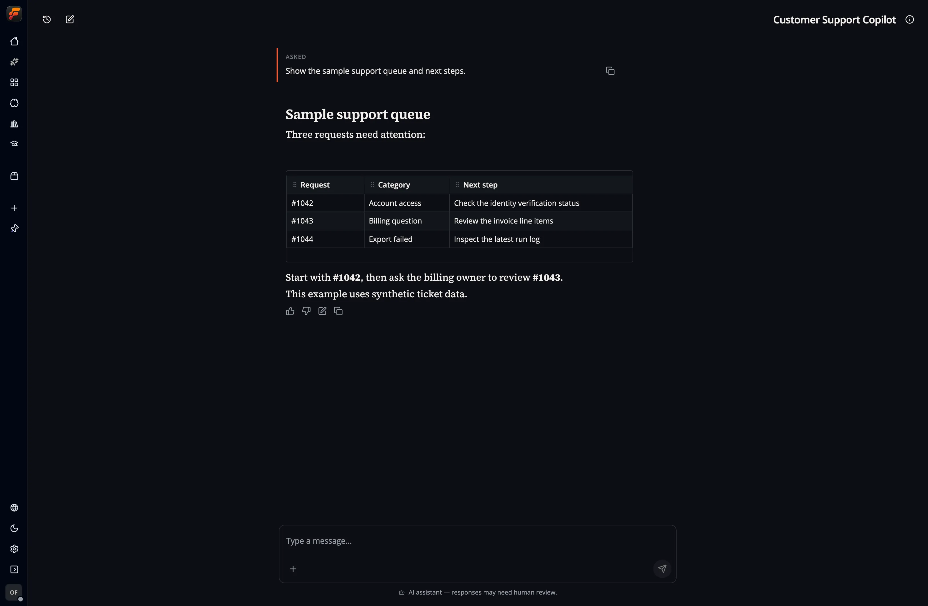 Chat UI showing a support queue conversation with a table of three synthetic tickets and suggested next steps