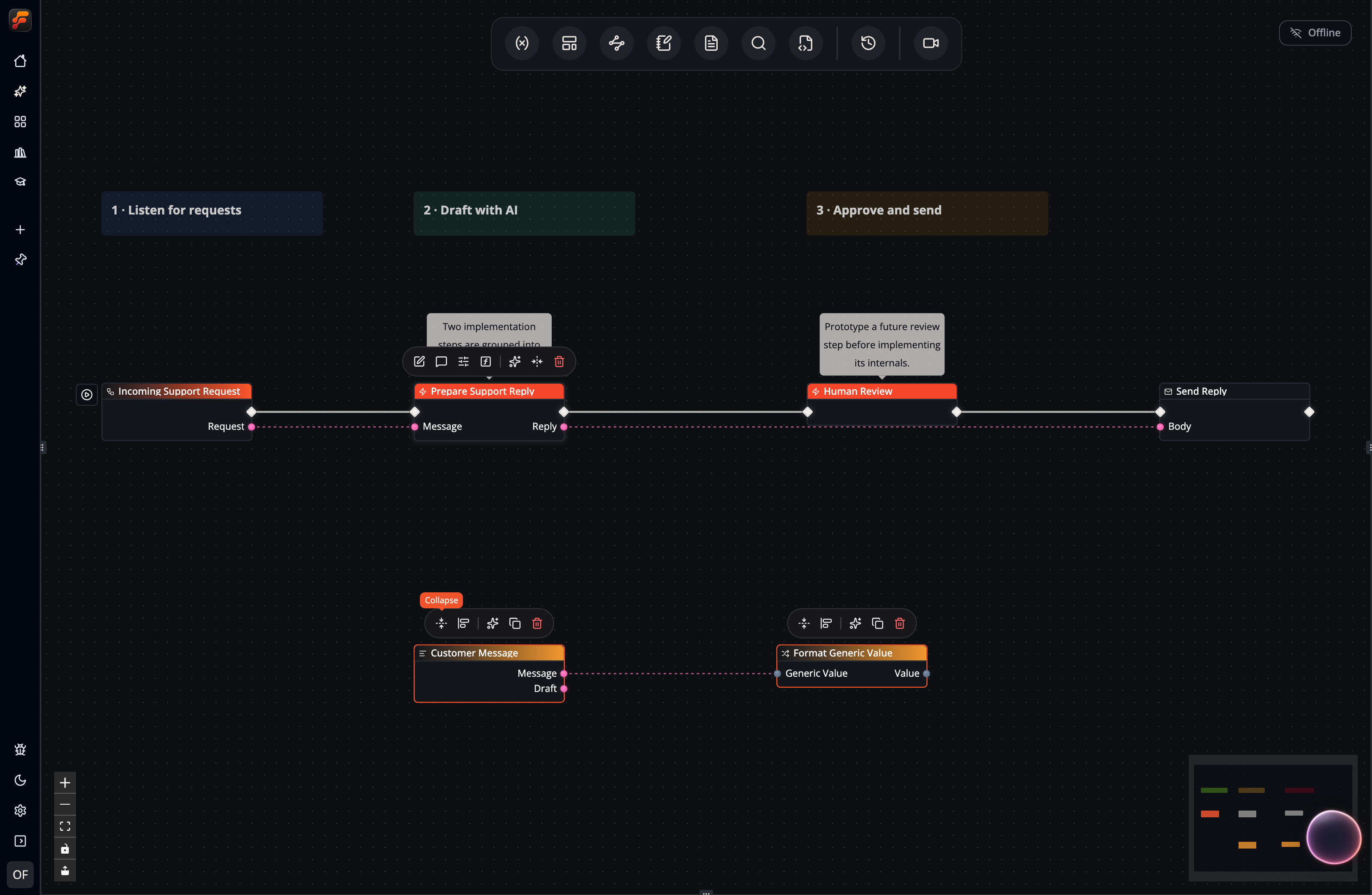 A screenshot showing how to collapse multiple nodes into one placeholder node