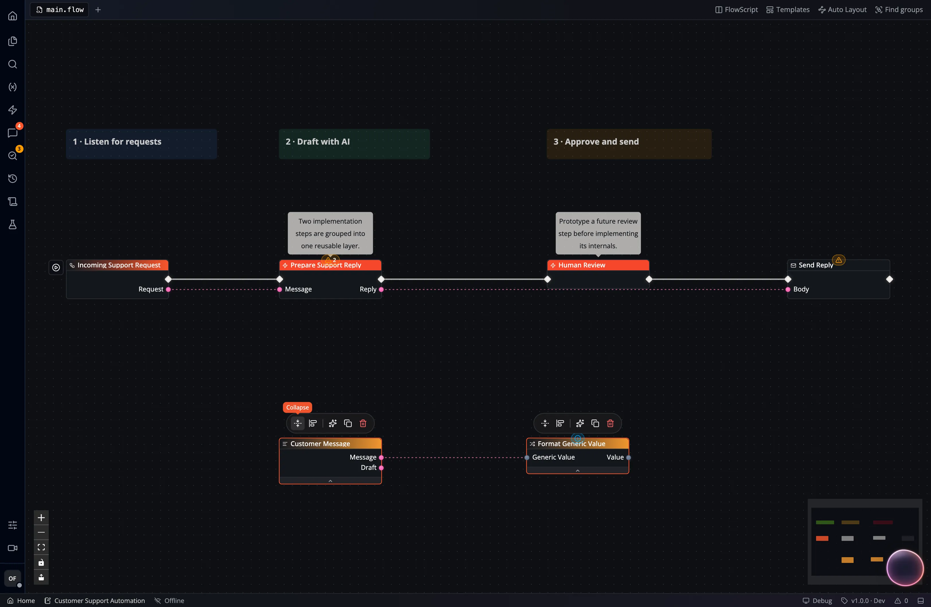 A screenshot showing how to collapse multiple nodes into one placeholder node