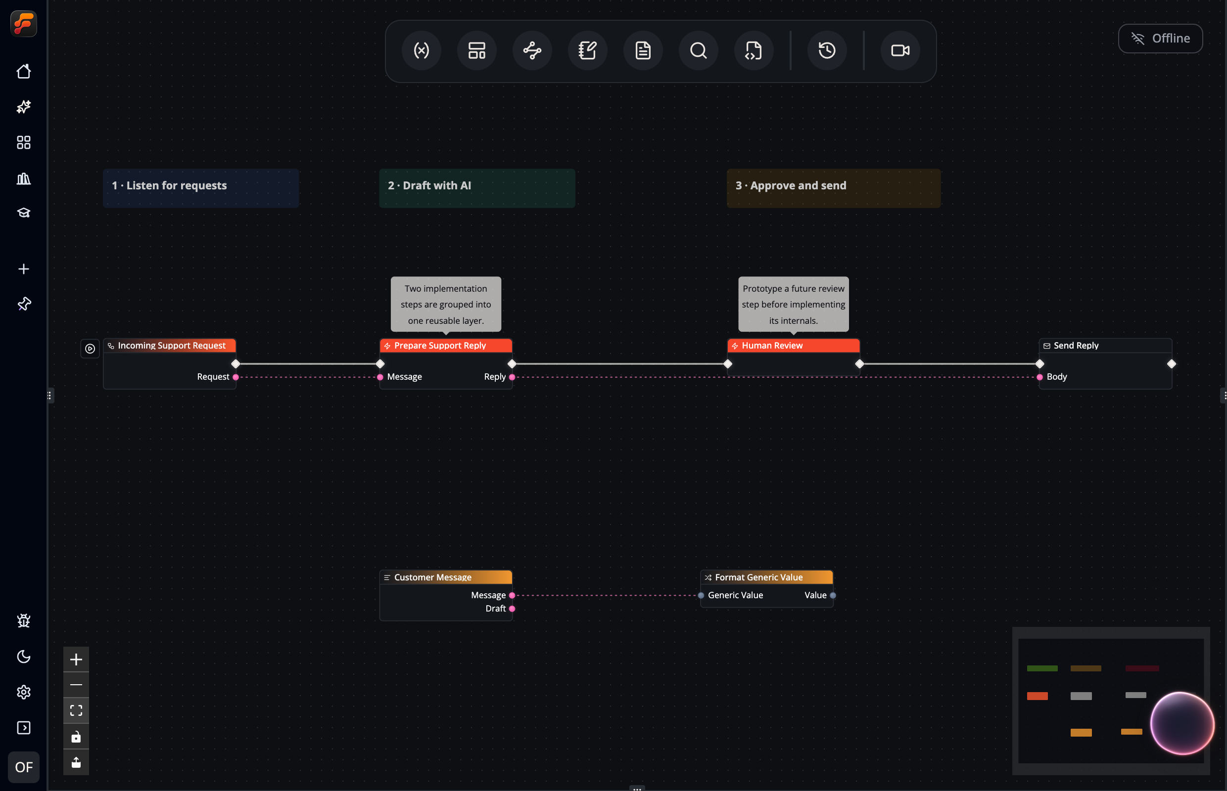 A screenshot showing different wire / connection types in Flow-Like Studio