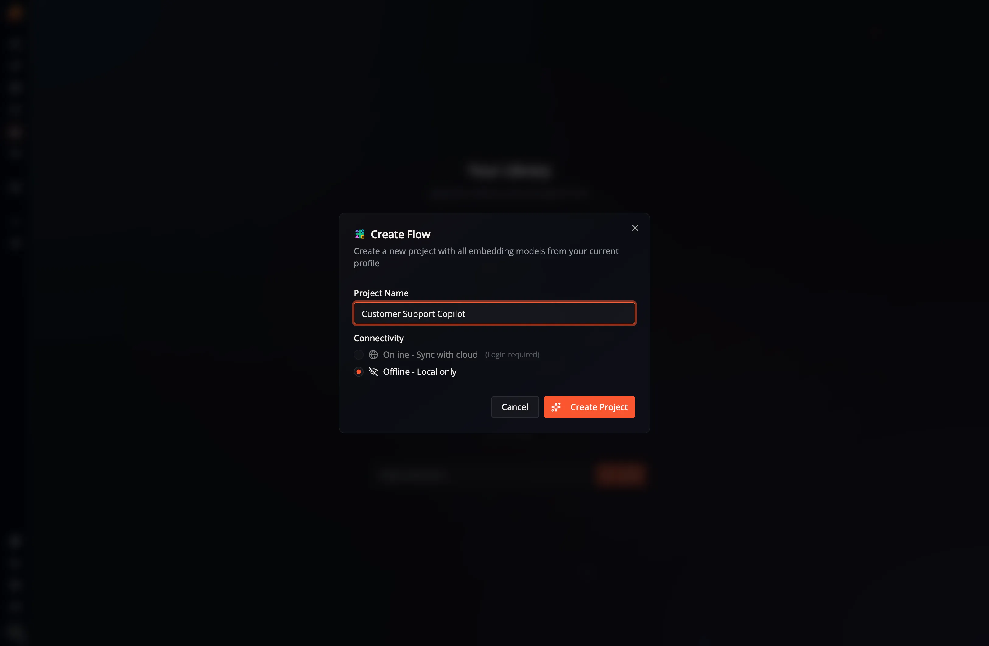 The Create Flow dialog in Flow-Like Desktop, with fields for the project name and connectivity