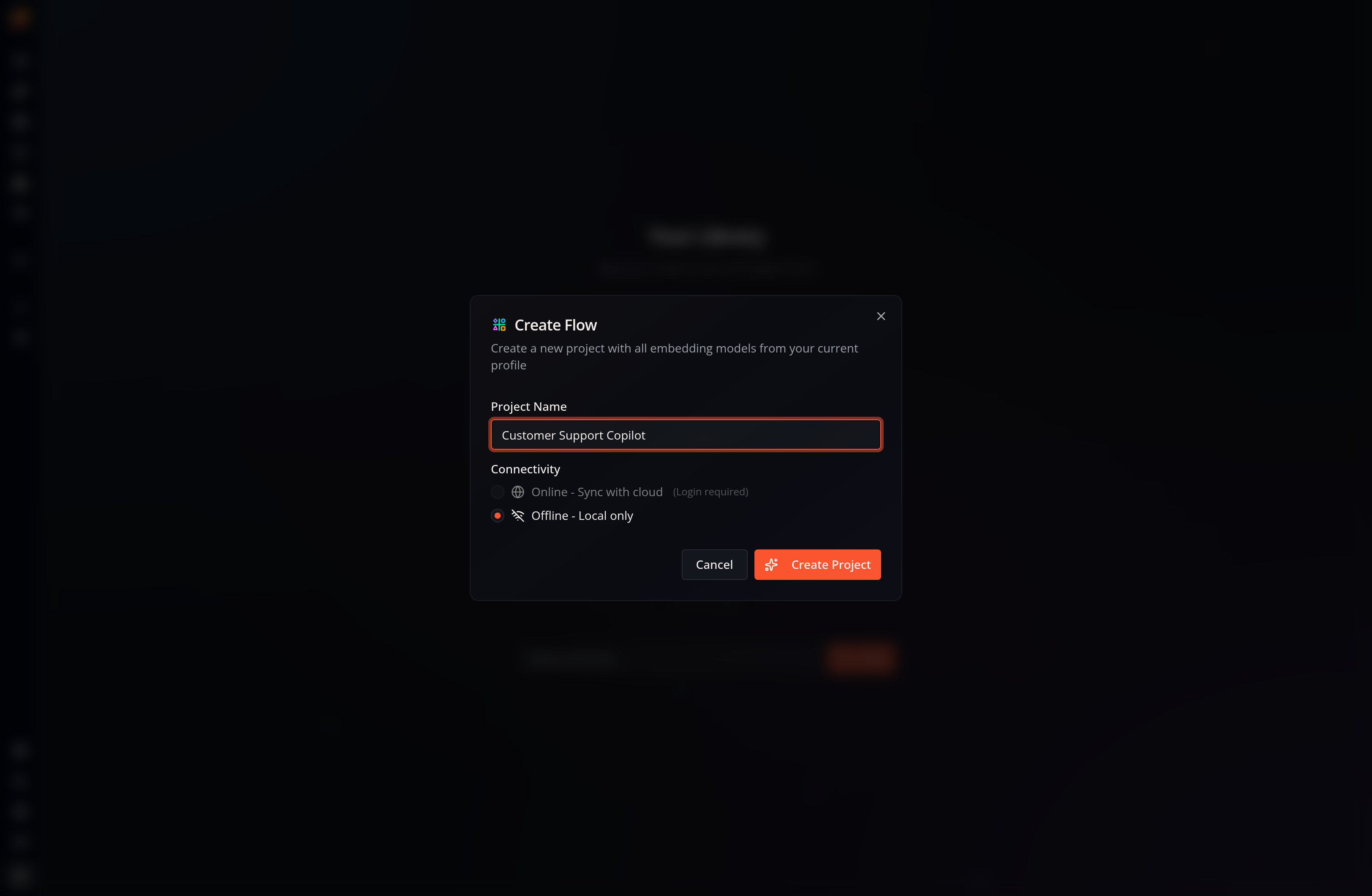 The Create Flow dialog in Flow-Like Desktop, with fields for the project name and connectivity