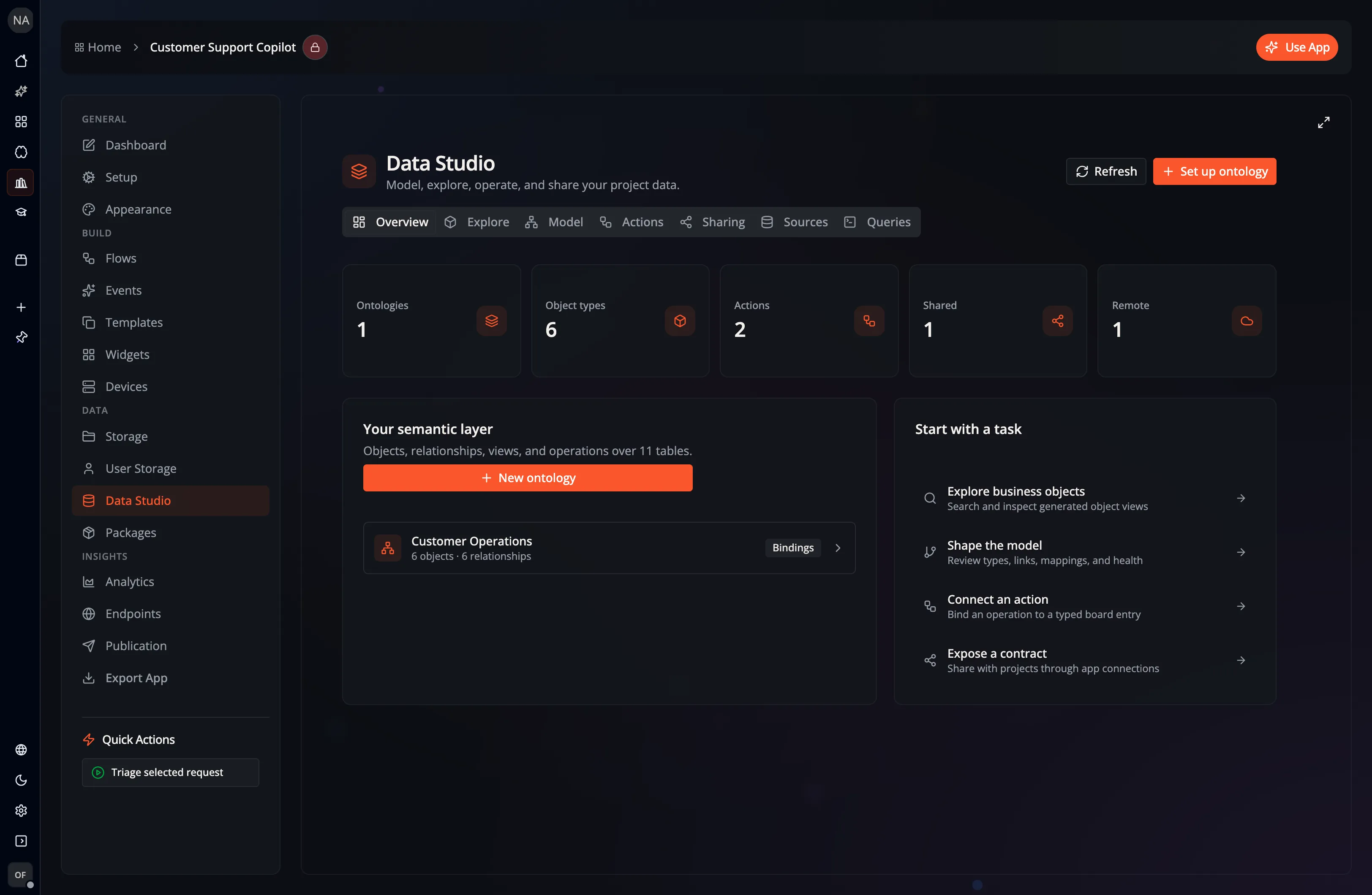 Flow-Like Data Studio showing one customer-operations ontology, six object types, two governed actions, one shared contract, and one installed remote ontology