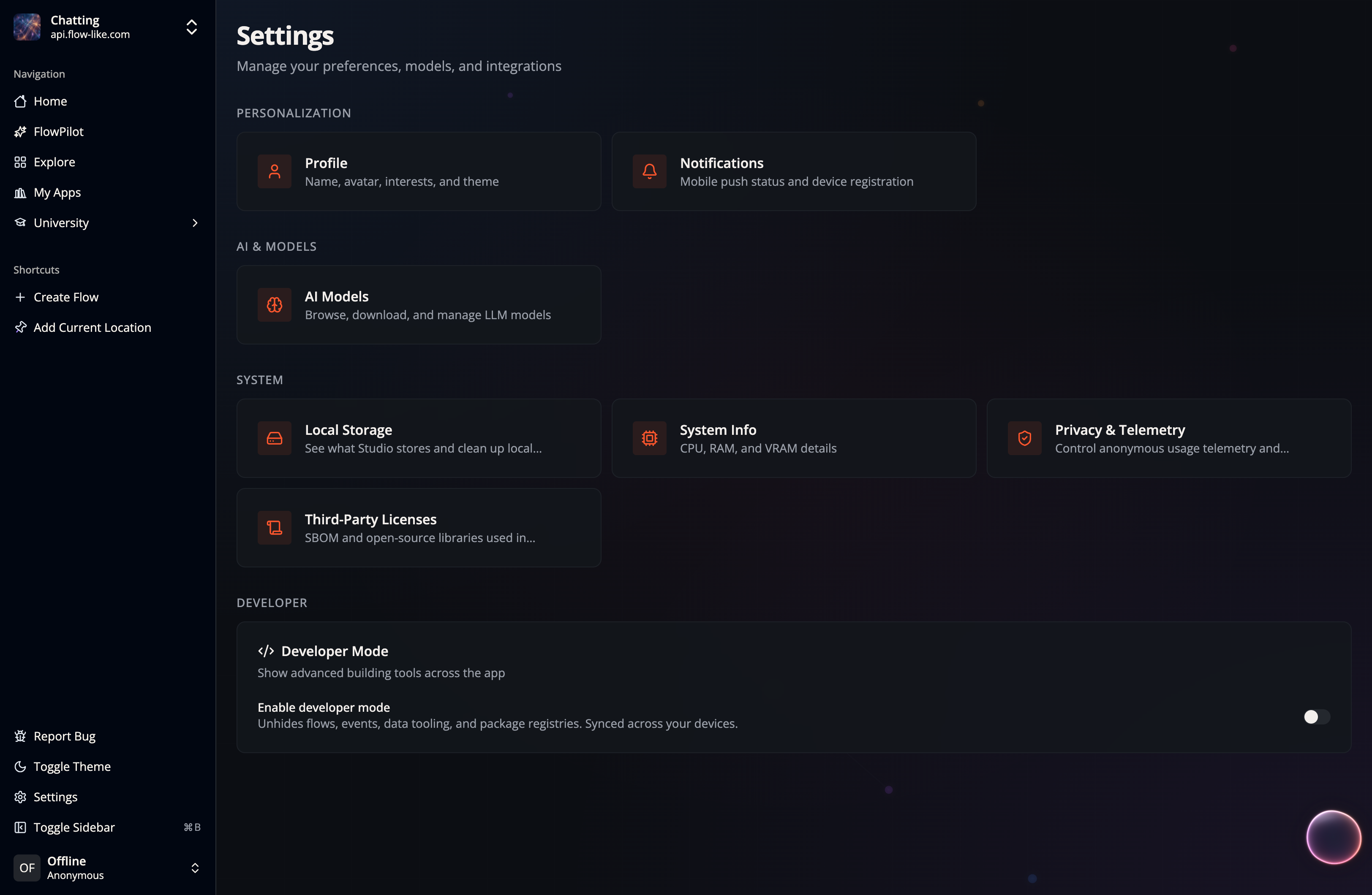 The Flow-Like settings page scrolled to the Developer section with the Developer Mode card