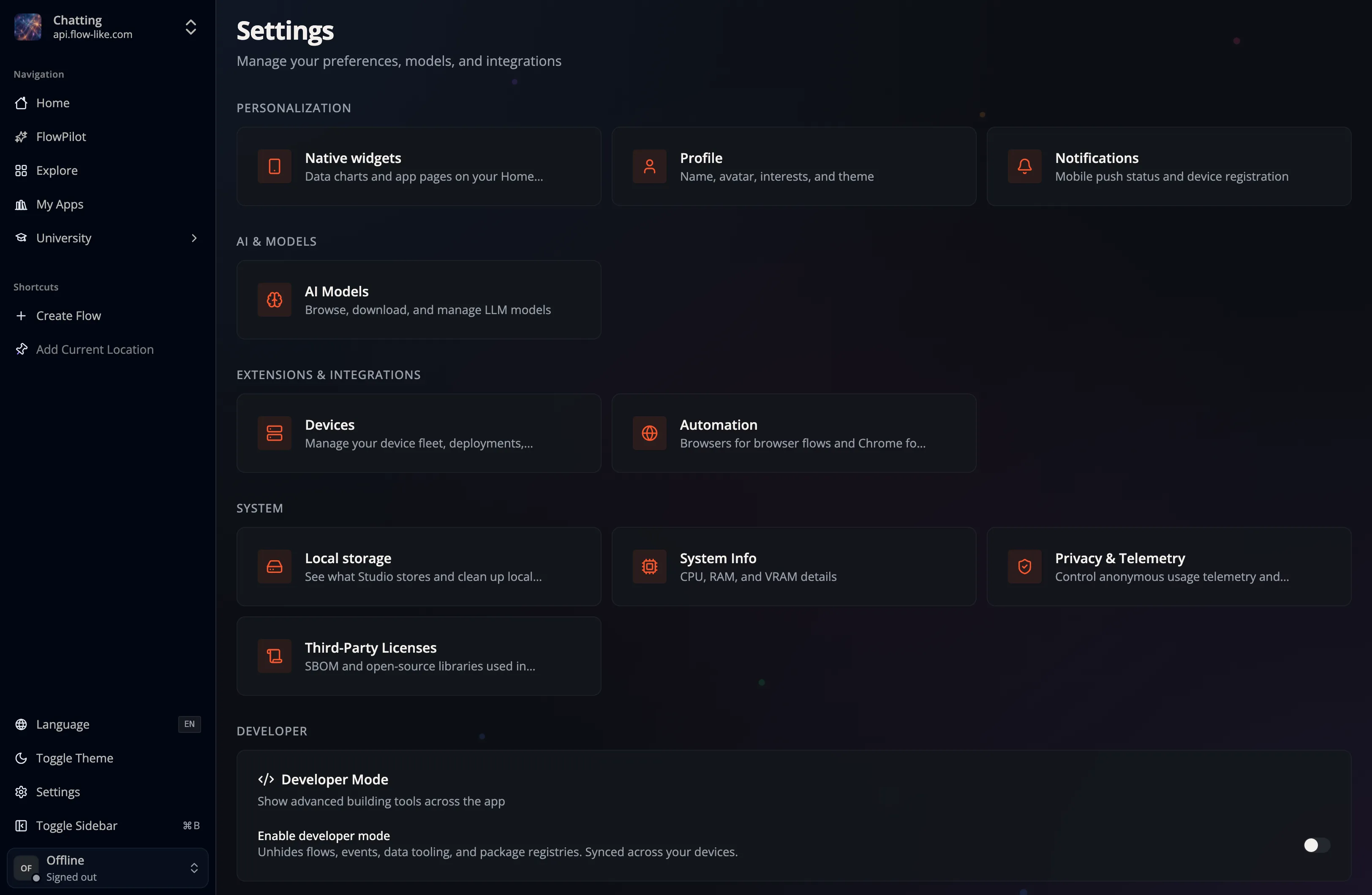 The Flow-Like settings page scrolled to the Developer section with the Developer Mode card