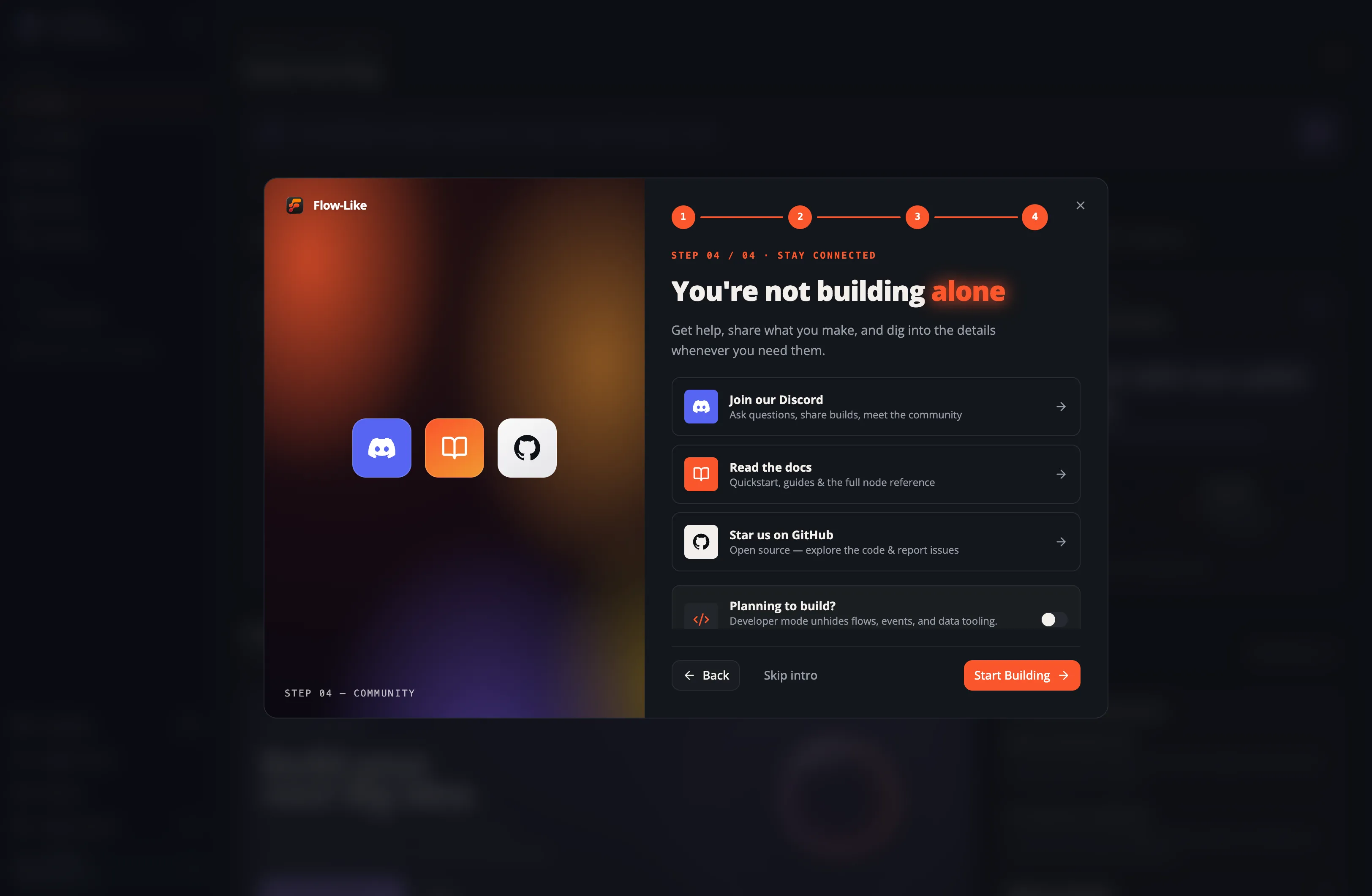The Flow-Like welcome tour's last step with the "Planning to build?" Developer Mode switch