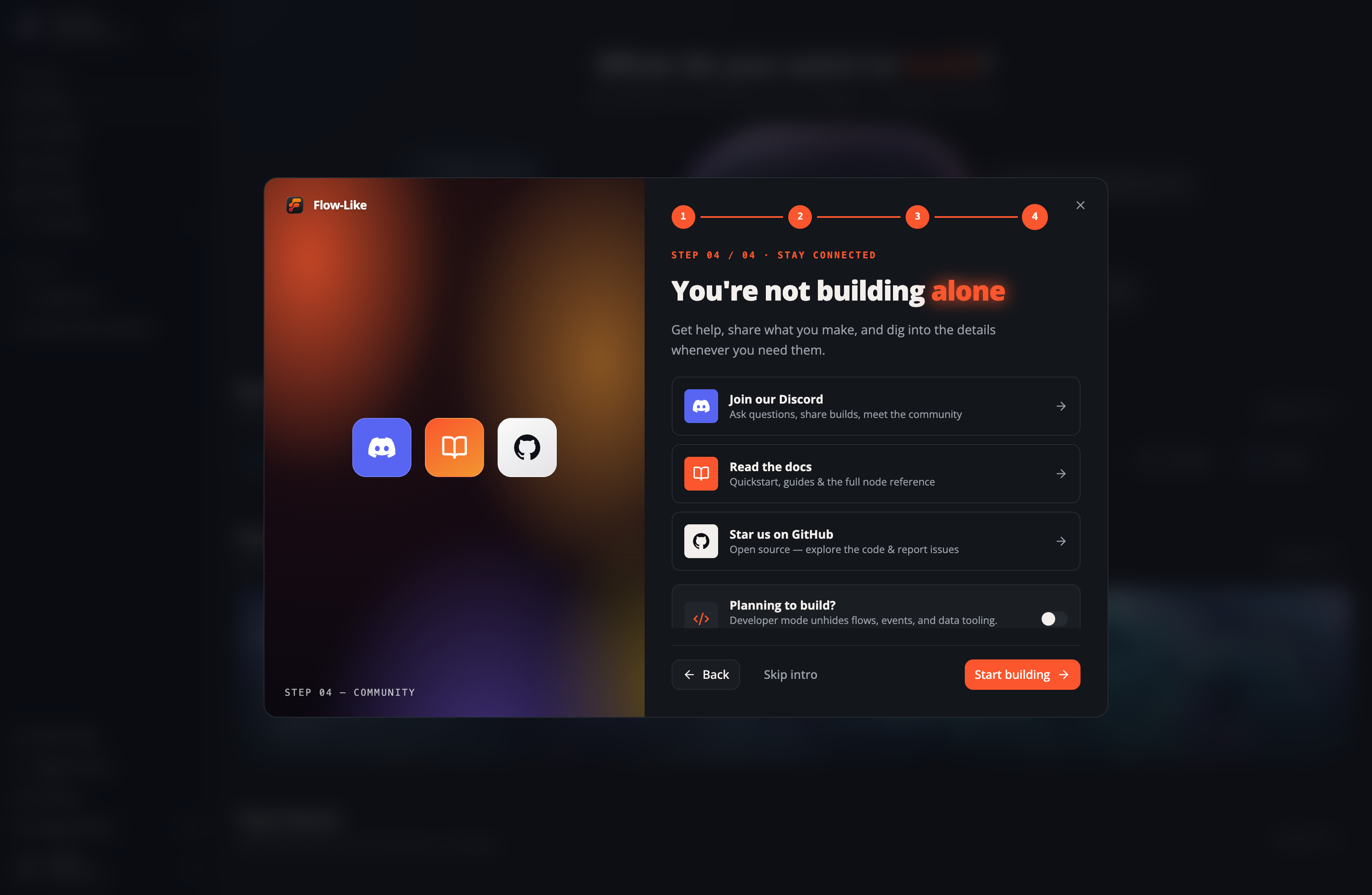 The Flow-Like welcome tour's last step with the "Planning to build?" Developer Mode switch