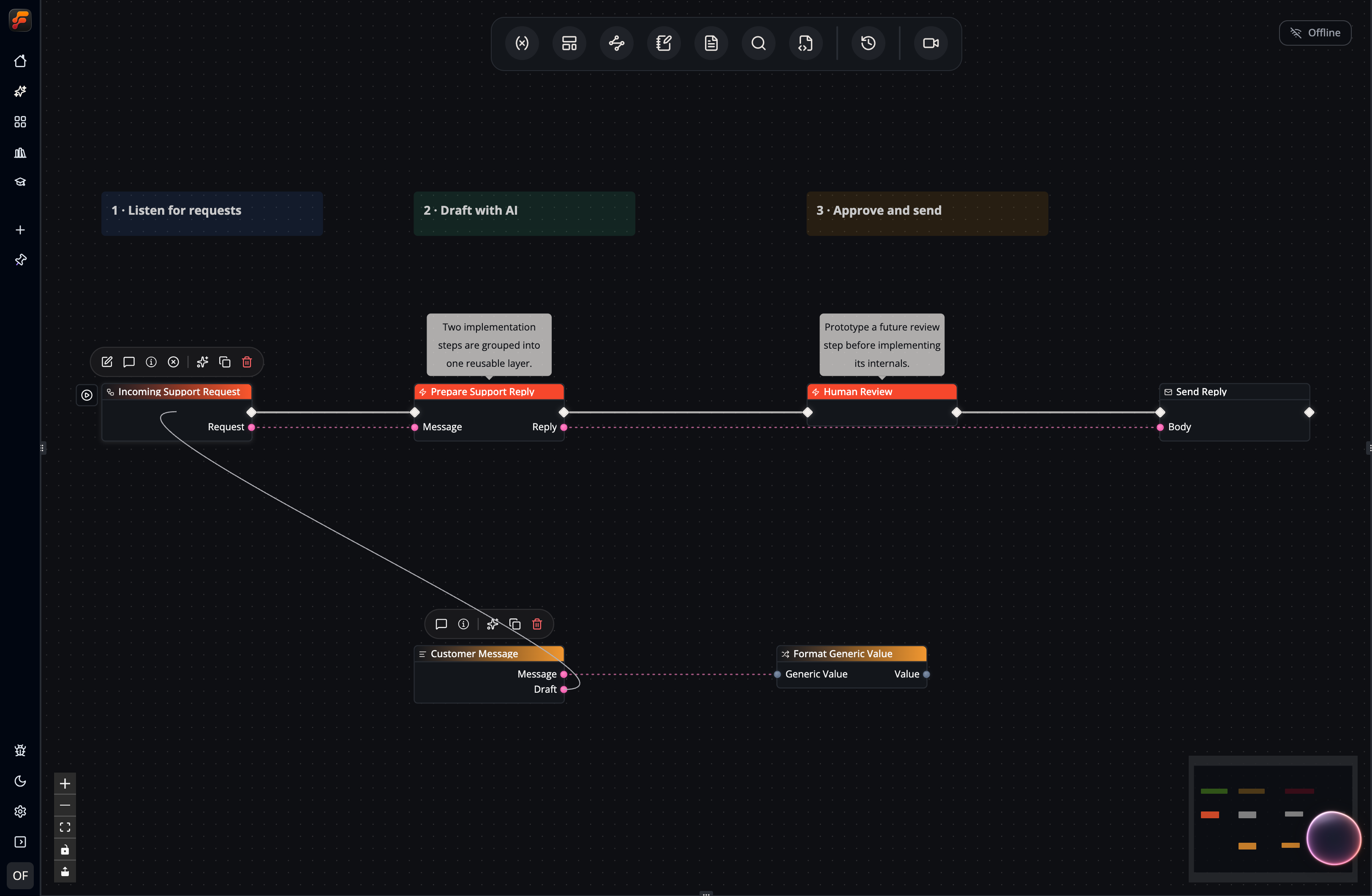 A screenshot showing how to drag a node pin into the open canvas to immediately create a new node + wire.