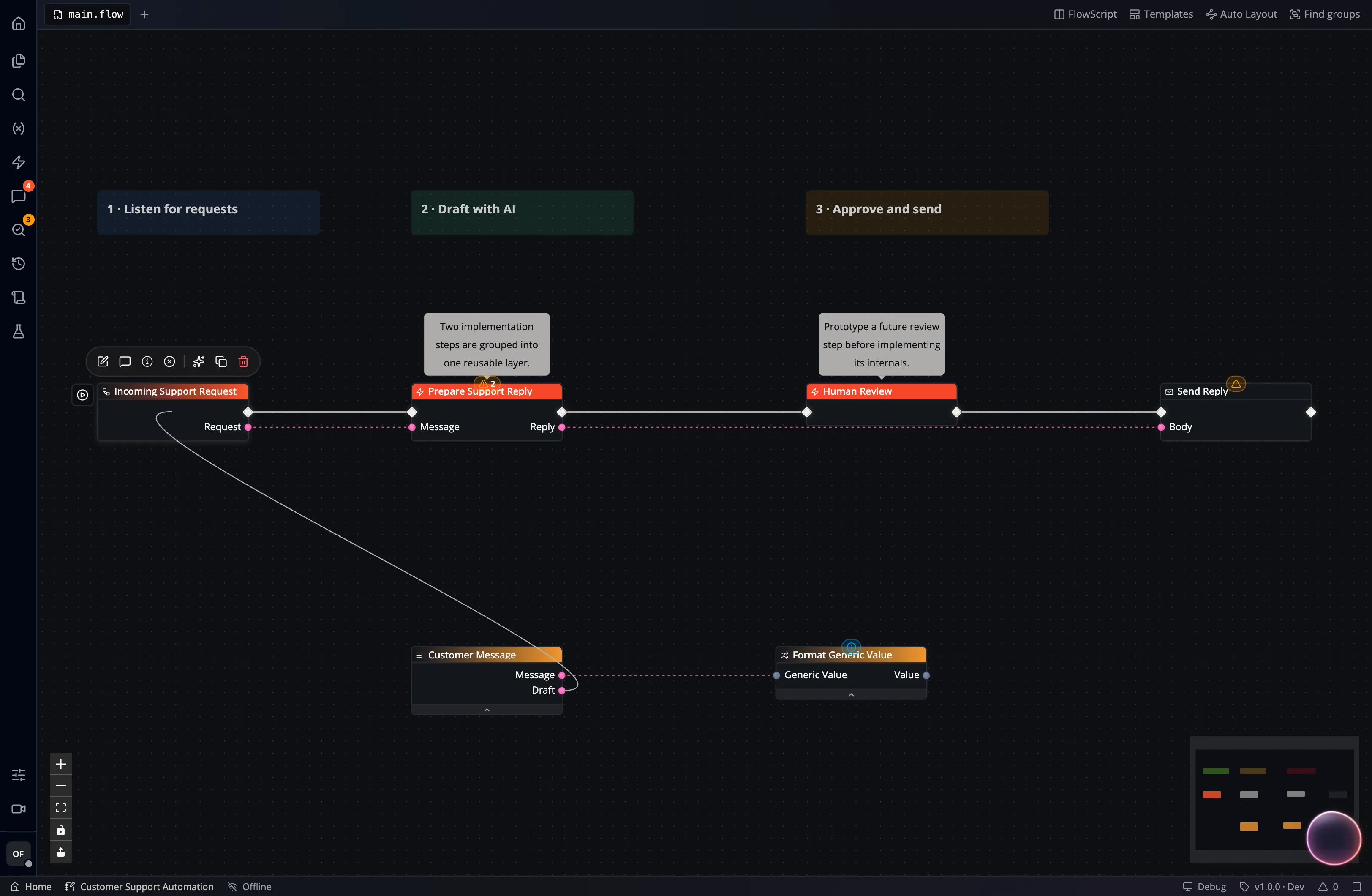 A screenshot showing how to drag a node pin into the open canvas to immediately create a new node + wire.