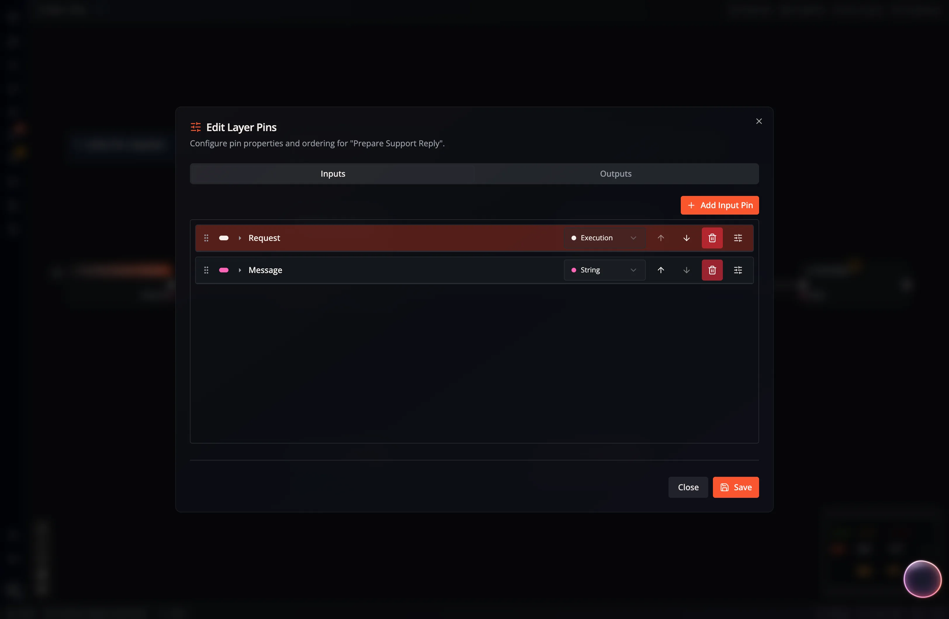 A screenshot showing how to add, remove, rename, or change the type of pins for placeholder nodes