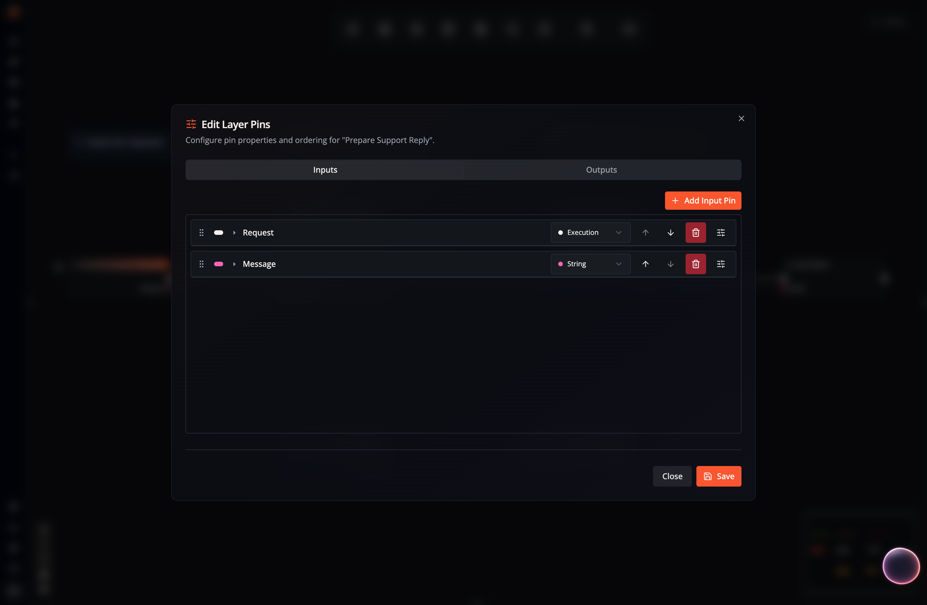 A screenshot showing how to add, remove, rename, or change the type of pins for placeholder nodes