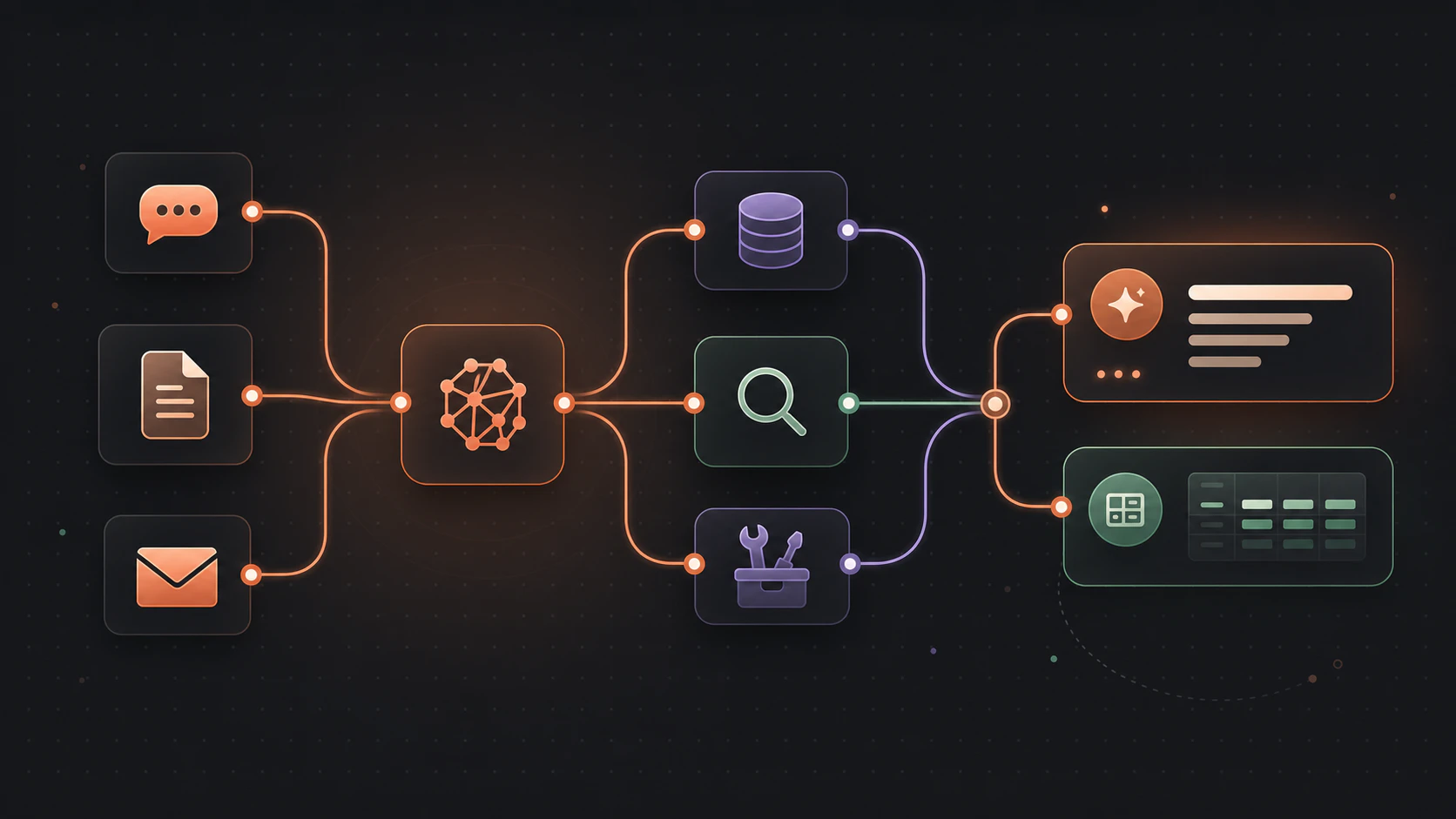 A conceptual Flow-Like GenAI system connecting chat, documents, and email to models, retrieval, tools, generated answers, and structured results
