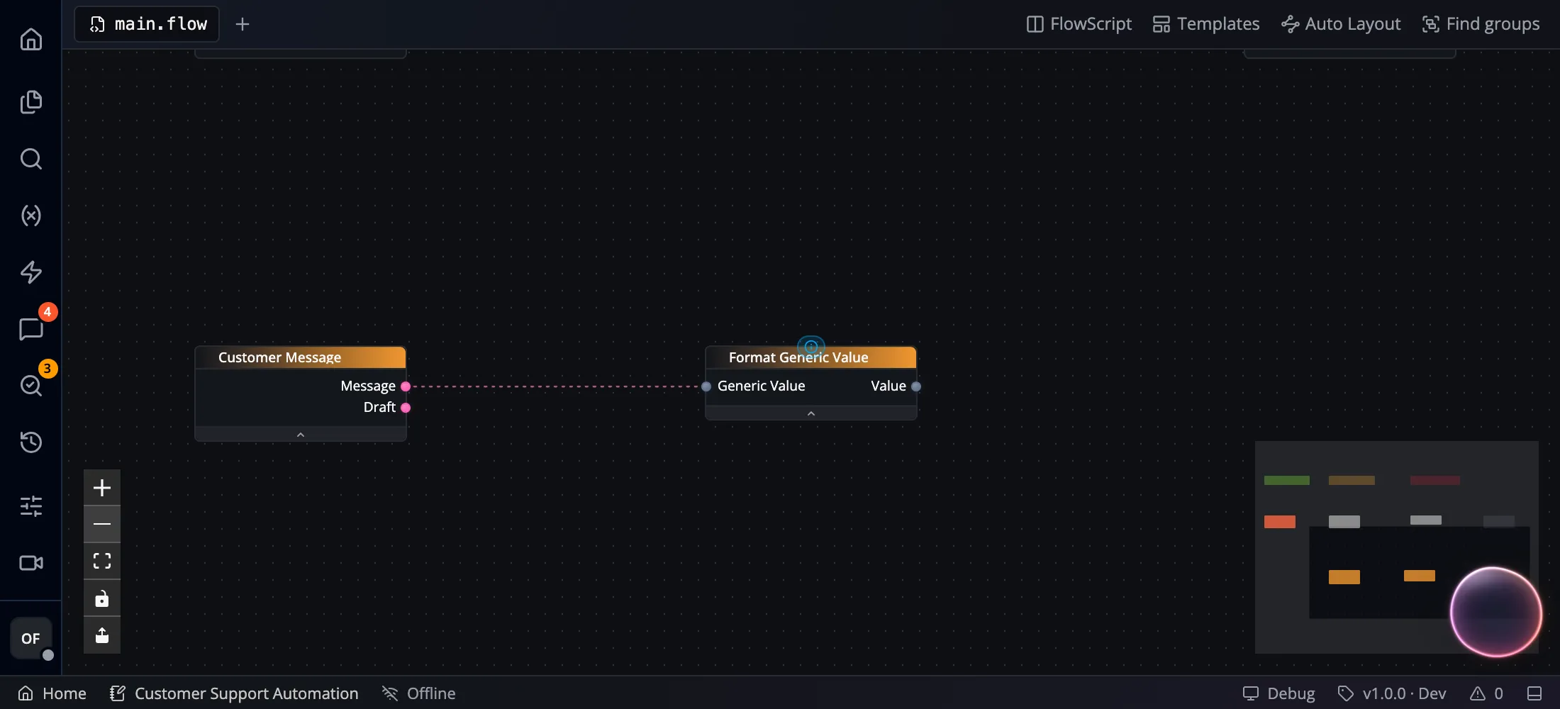 A String output connected to a Generic input in the example workflow