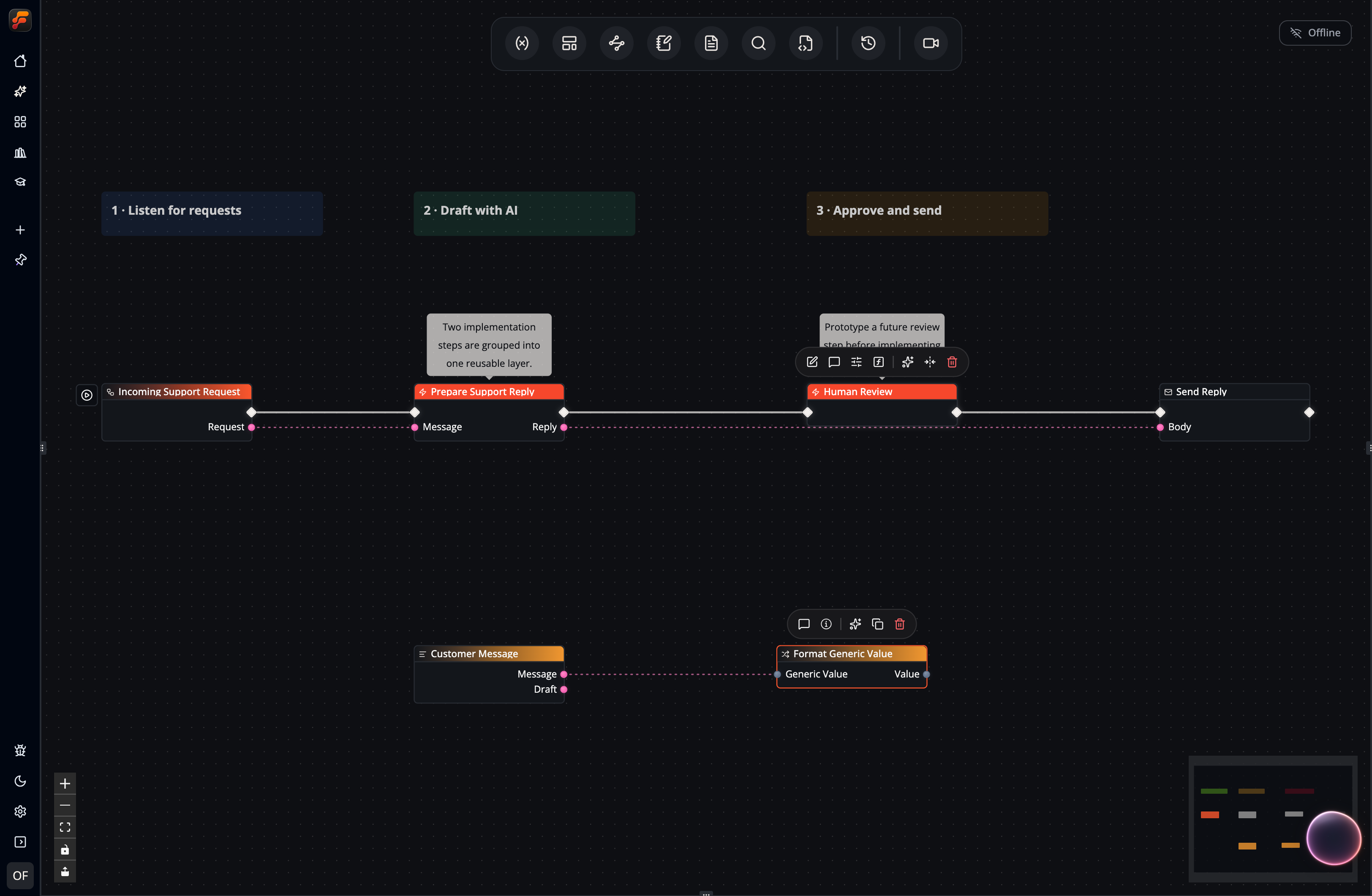 A screenshot showing how an upstream data pin sets the type of a generically typed input pin