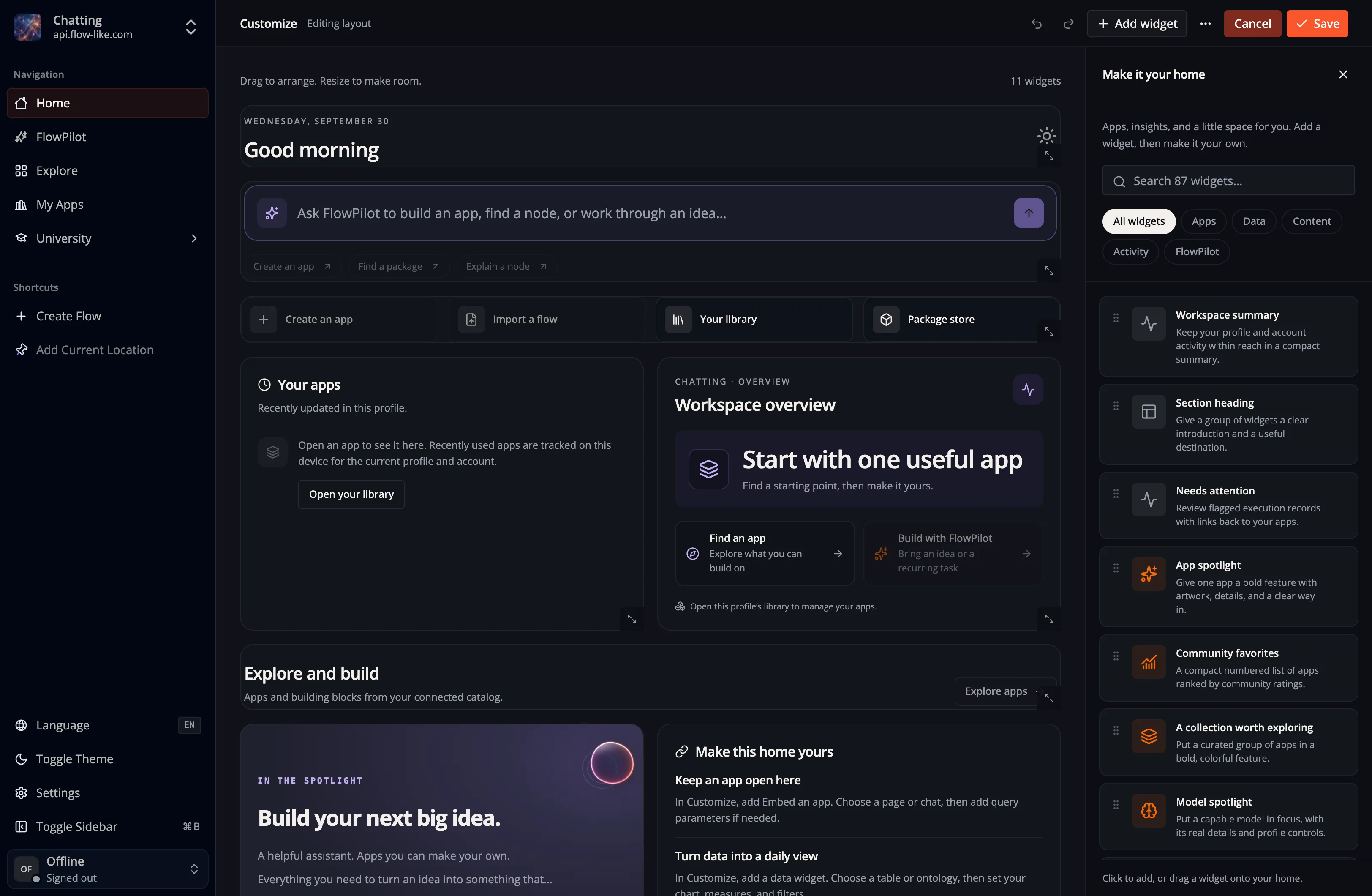 The Add widget library beside the Home layout, with search and category filters
