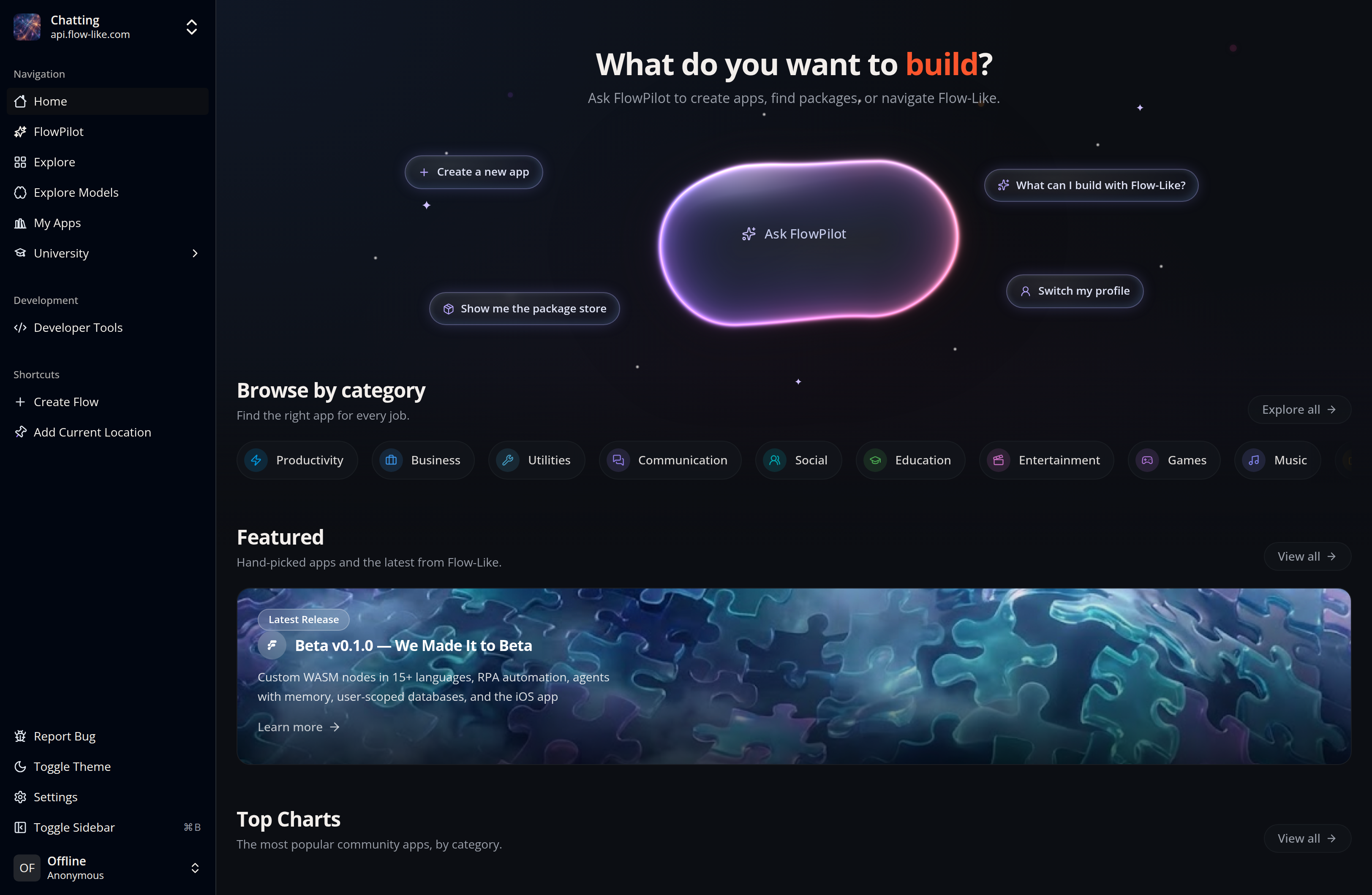 A screenshot of the Flow-Like Desktop landing page with swimlanes for public apps, models, and more
