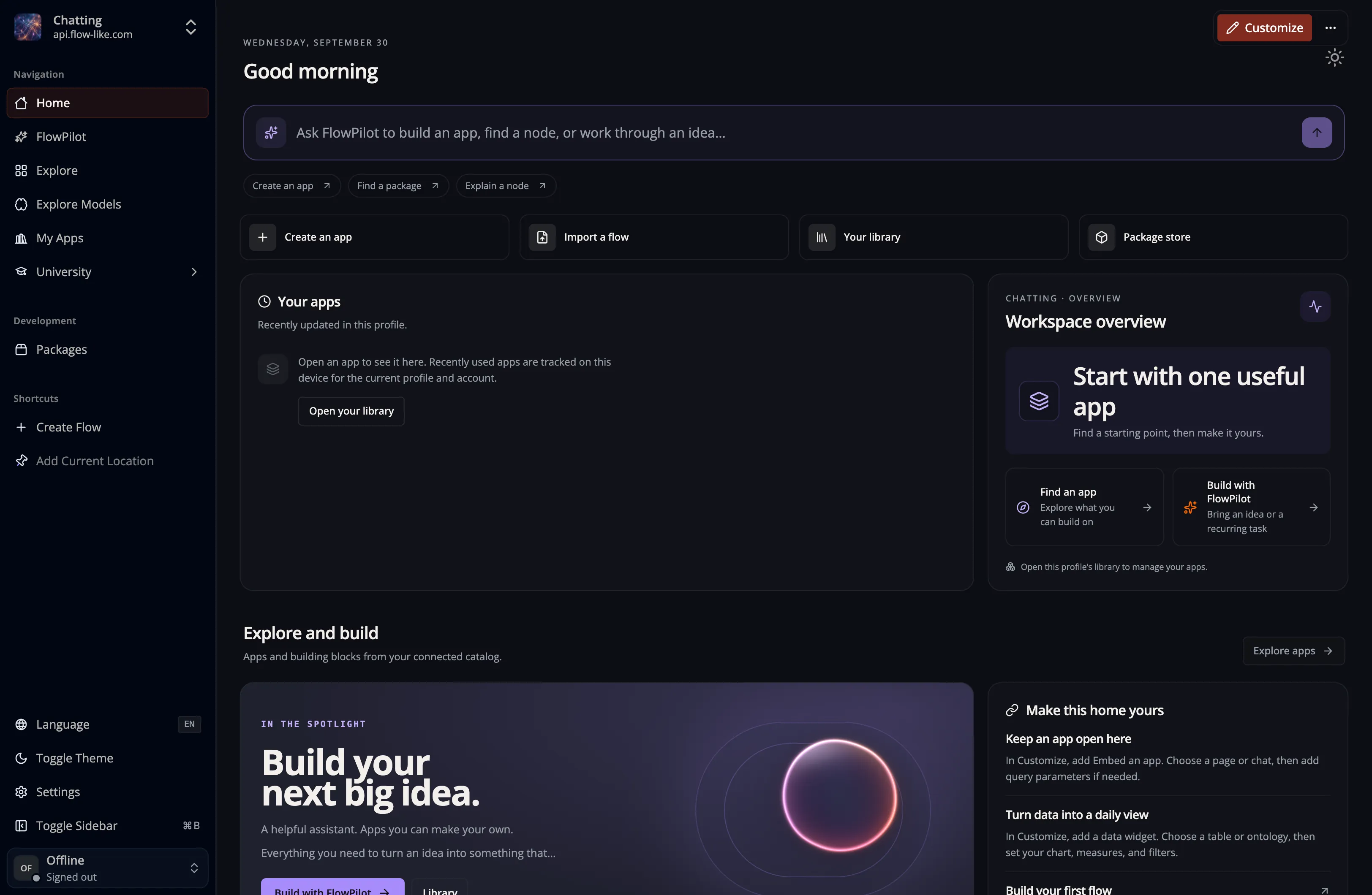 A screenshot of the Flow-Like Desktop landing page with the current Home layout and Customize control