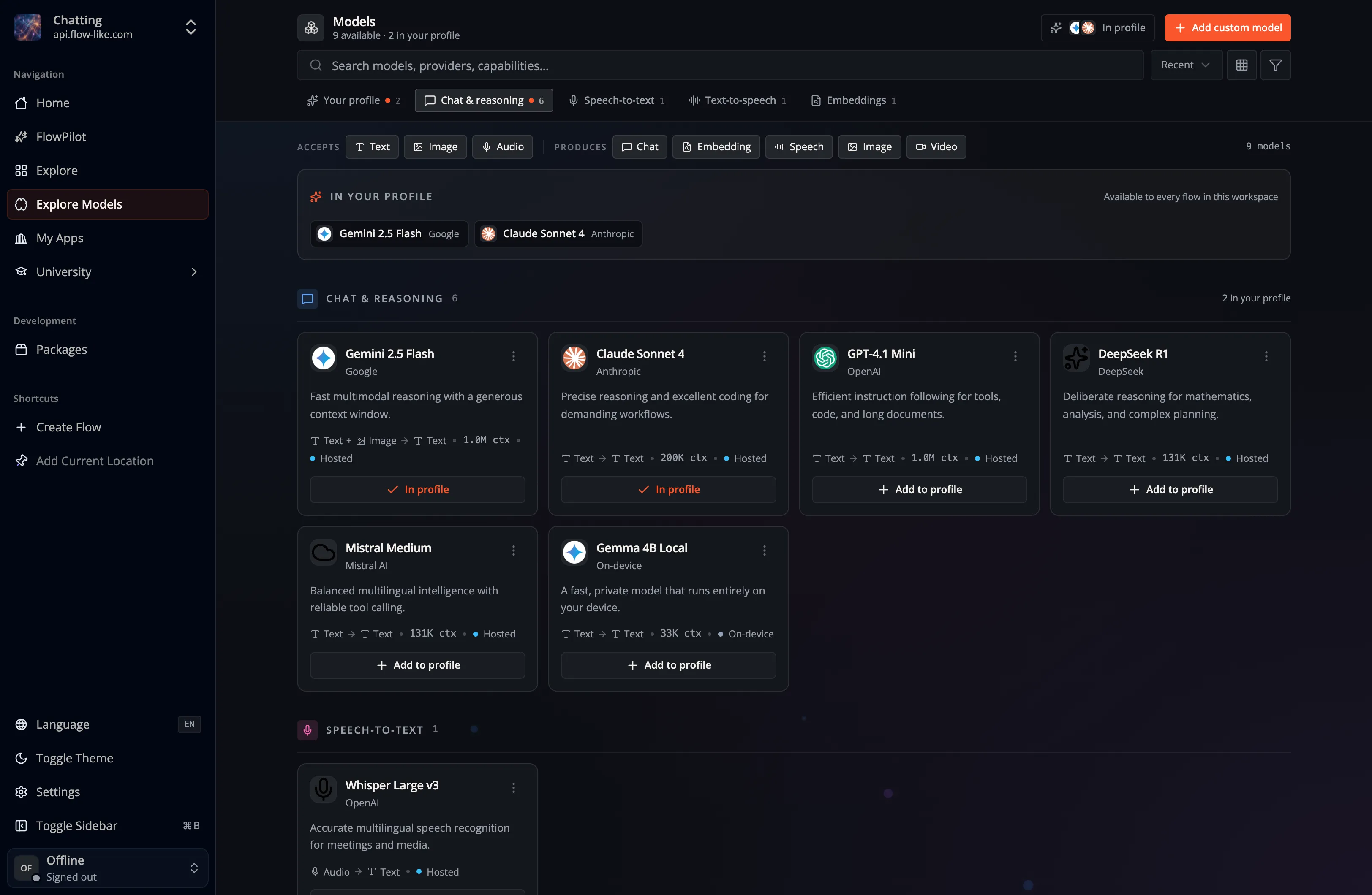 A screenshot of Flow-Like Desktop showing a preview of the Model Catalog