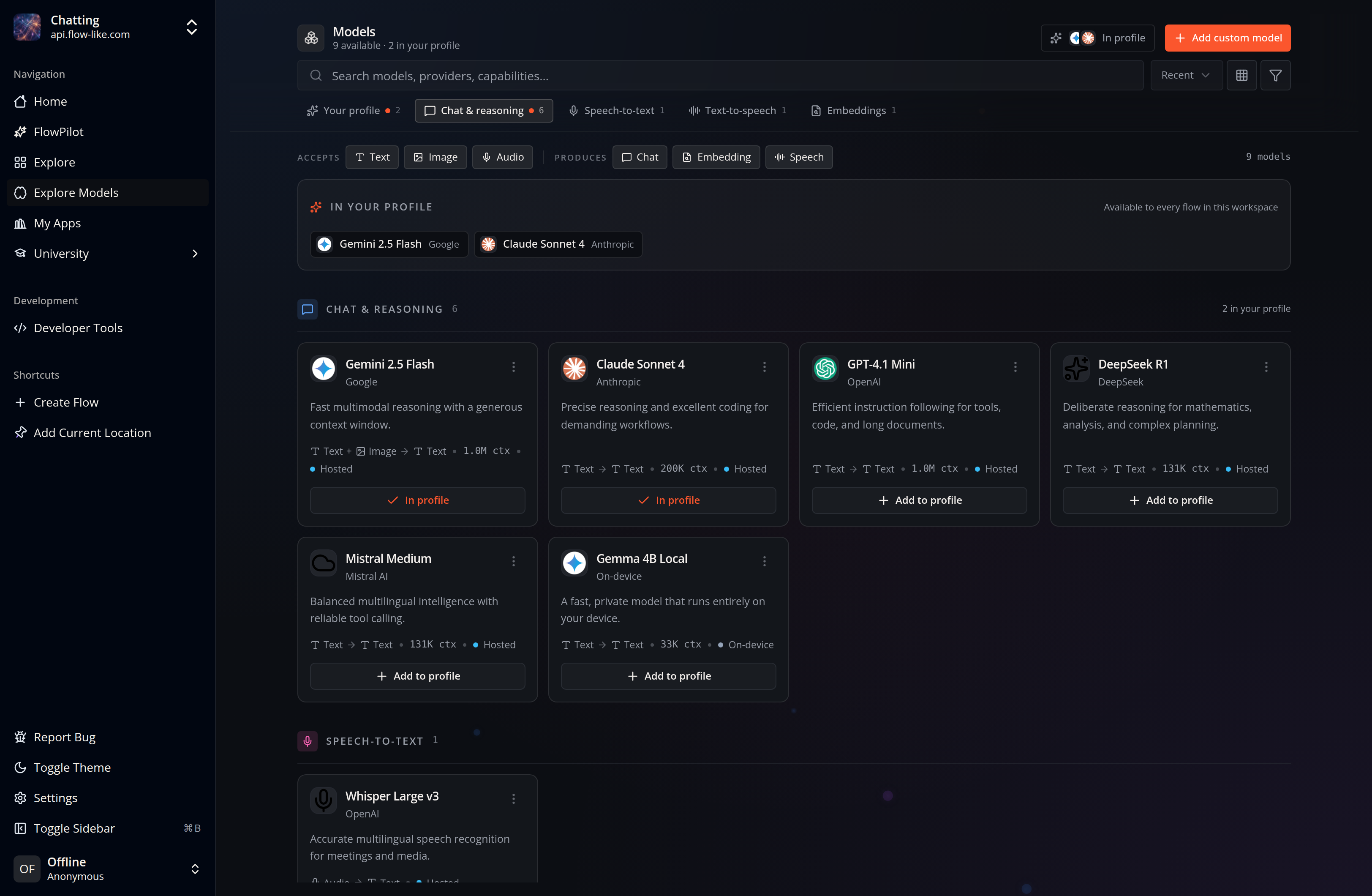 A screenshot of Flow-Like Desktop showing a preview of the Model Catalog