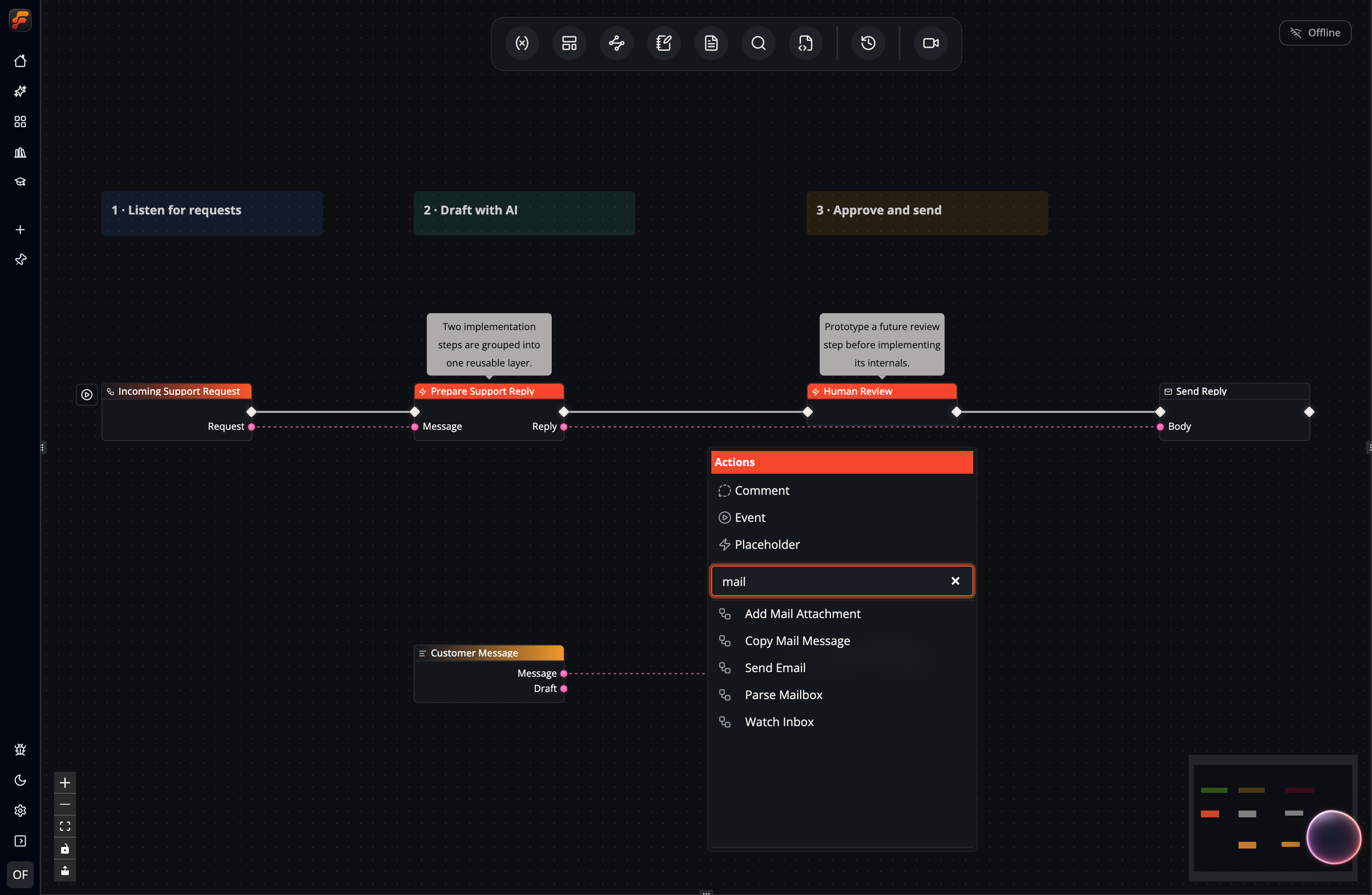 A screenshot showing how you can right-click into the node catalog, e.g. browsing available nodes for mail operations