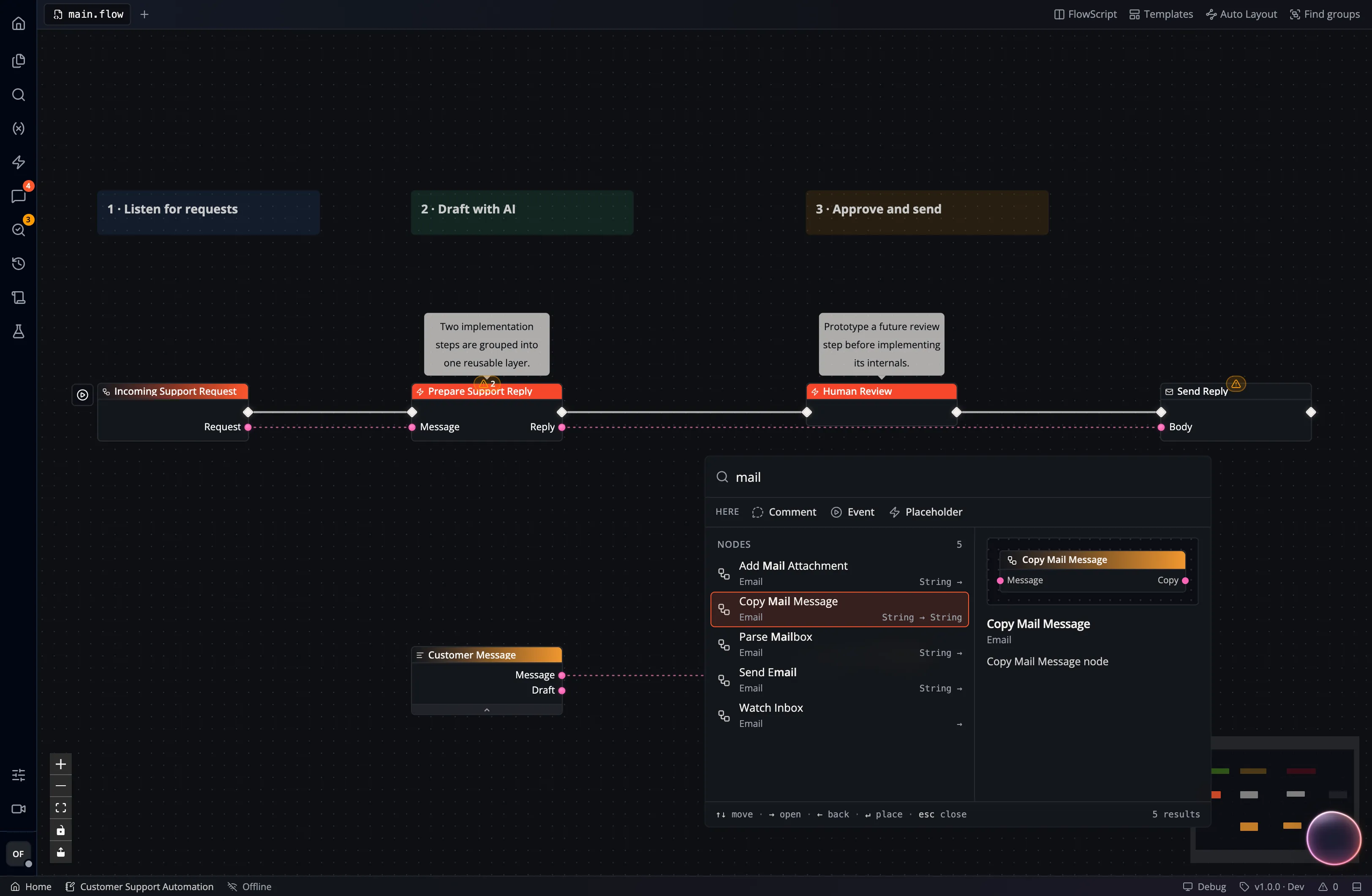 A screenshot showing how you can right-click into the node catalog, e.g. browsing available nodes for mail operations