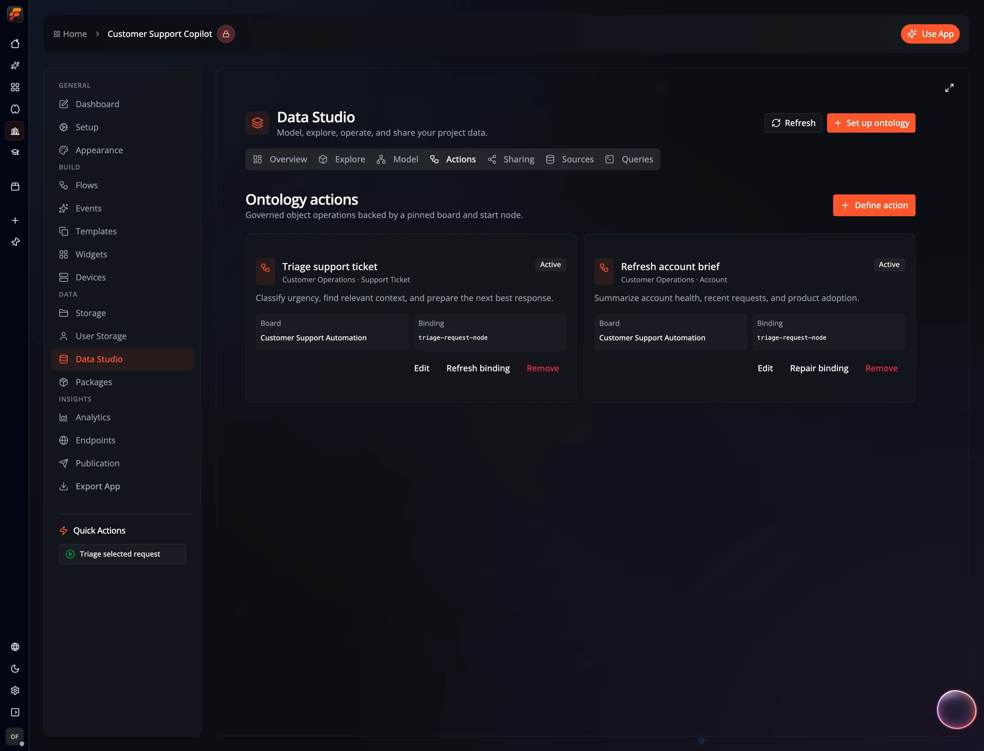 The Actions tab showing two active Customer Operations bindings, their target object types, implementation boards, and binding health