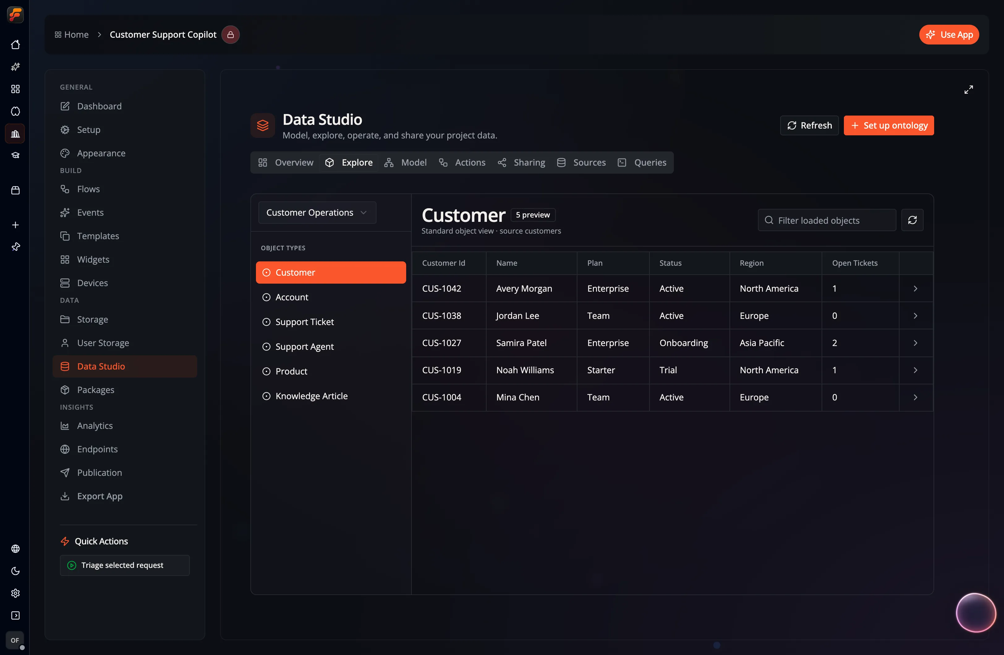 Data Studio's Explore tab showing five Customer objects from the Customer Operations ontology