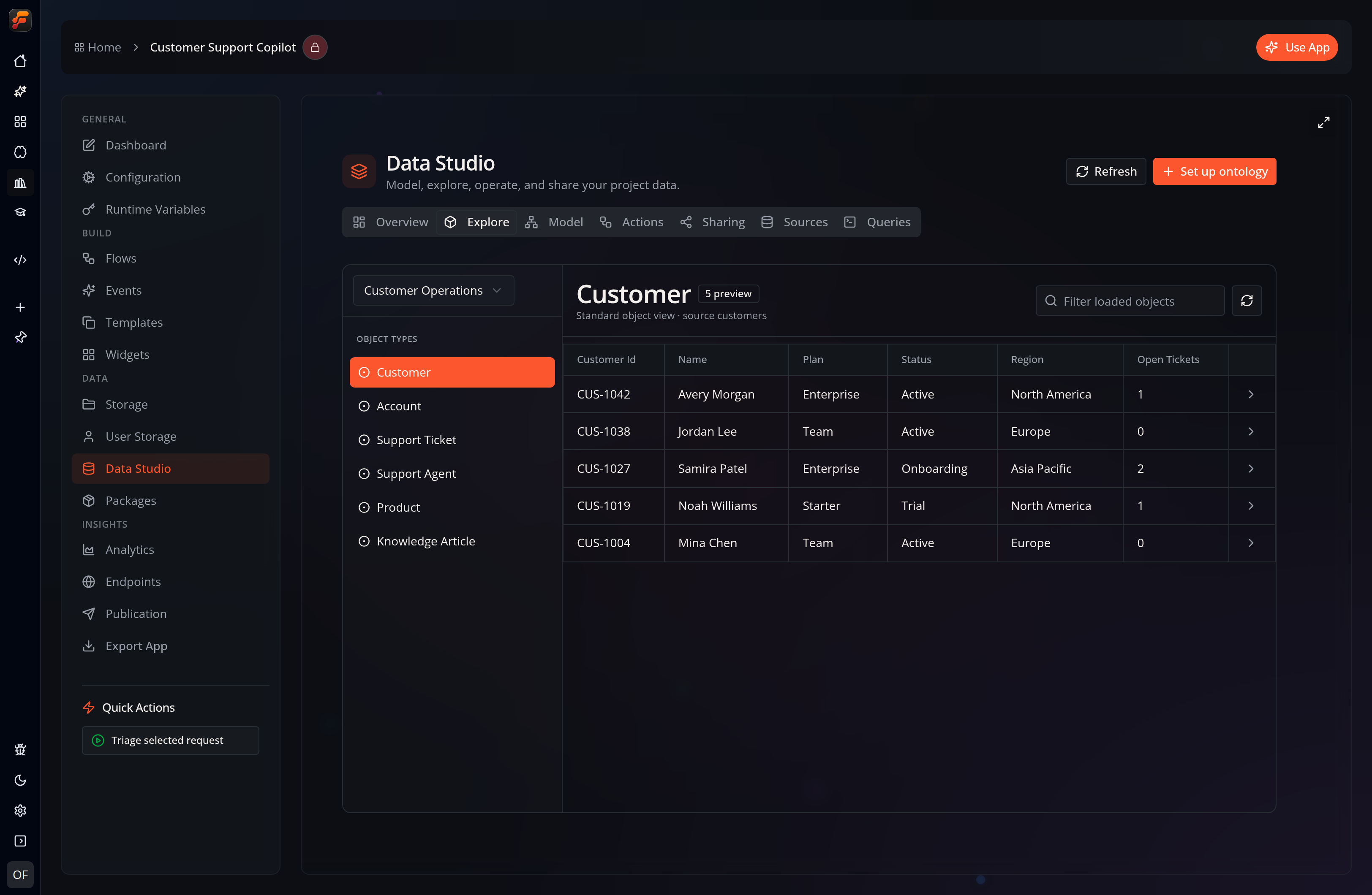 Data Studio’s Explore tab showing five Customer objects from the Customer Operations ontology