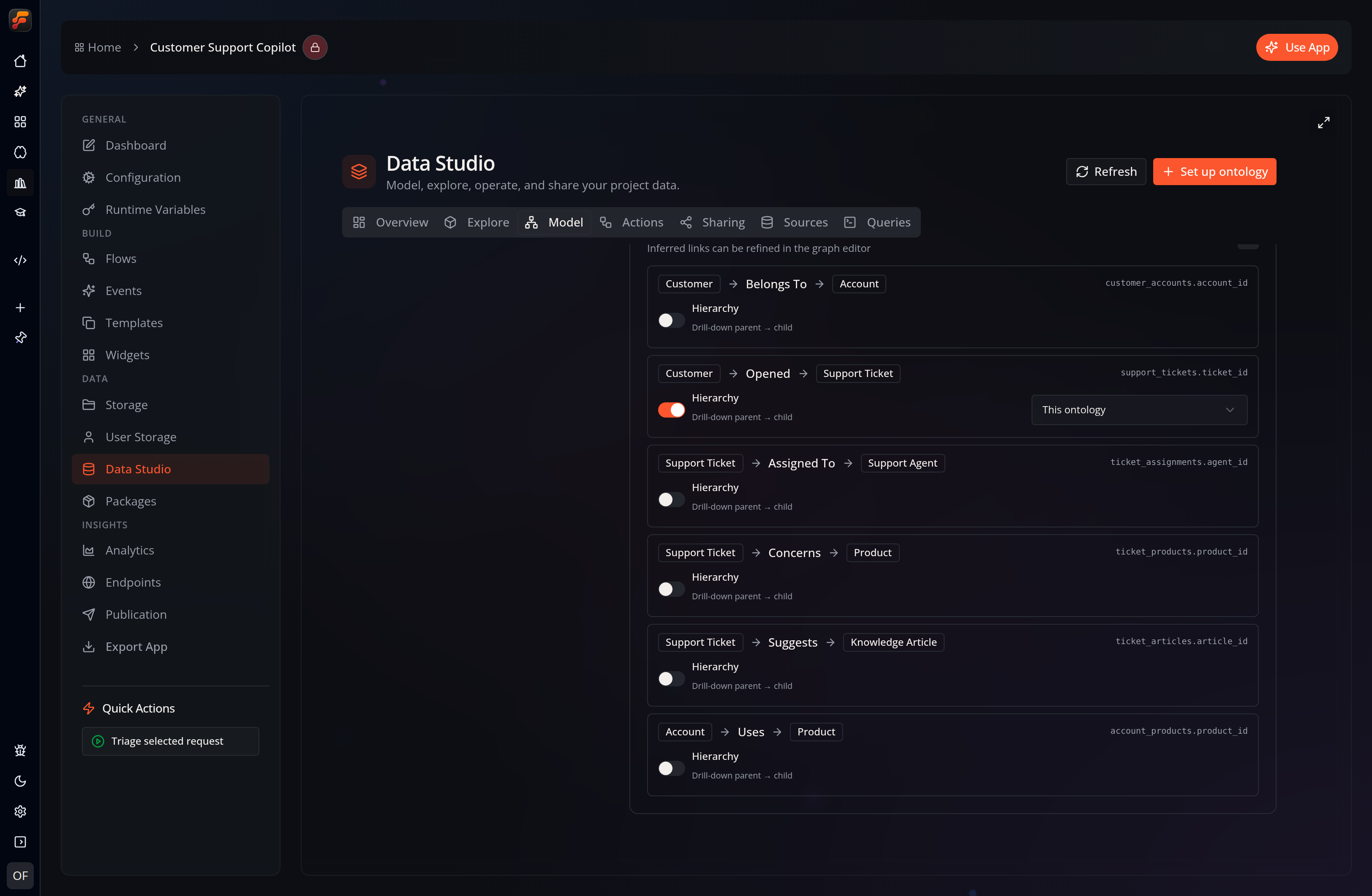 The relationship section of the Customer Operations model showing typed links between customers, accounts, tickets, agents, products, and knowledge articles