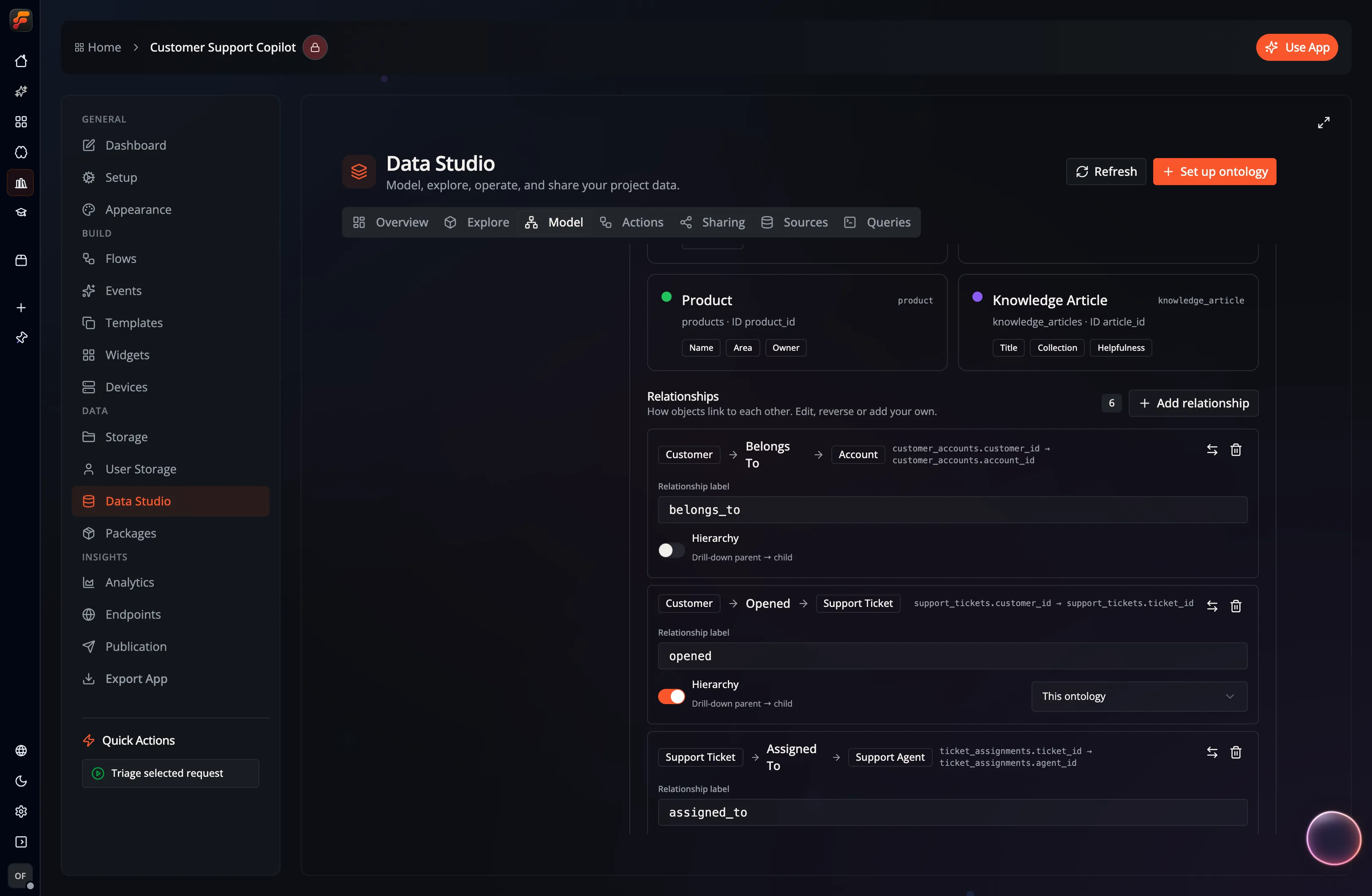 The relationship section of the Customer Operations model showing typed links between customers, accounts, tickets, agents, products, and knowledge articles