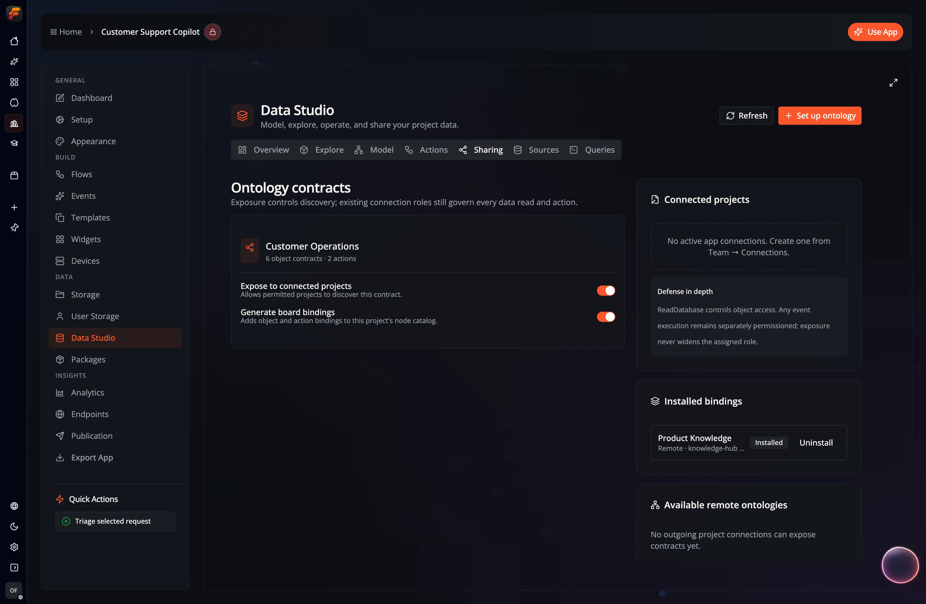 Data Studio's Sharing tab showing an exposed Customer Operations contract and an installed Product Knowledge remote ontology