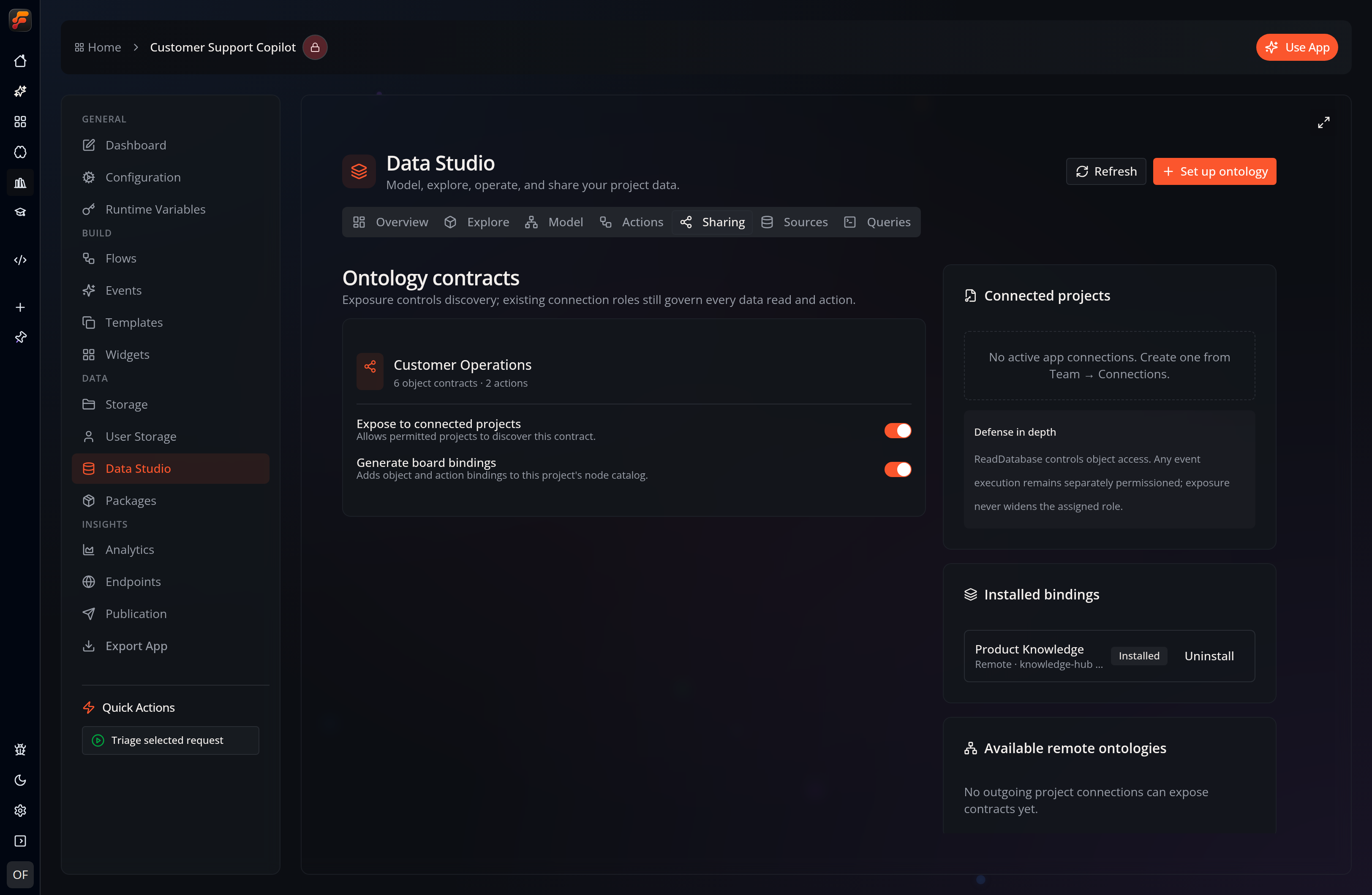 Data Studio’s Sharing tab showing an exposed Customer Operations contract and an installed Product Knowledge remote ontology