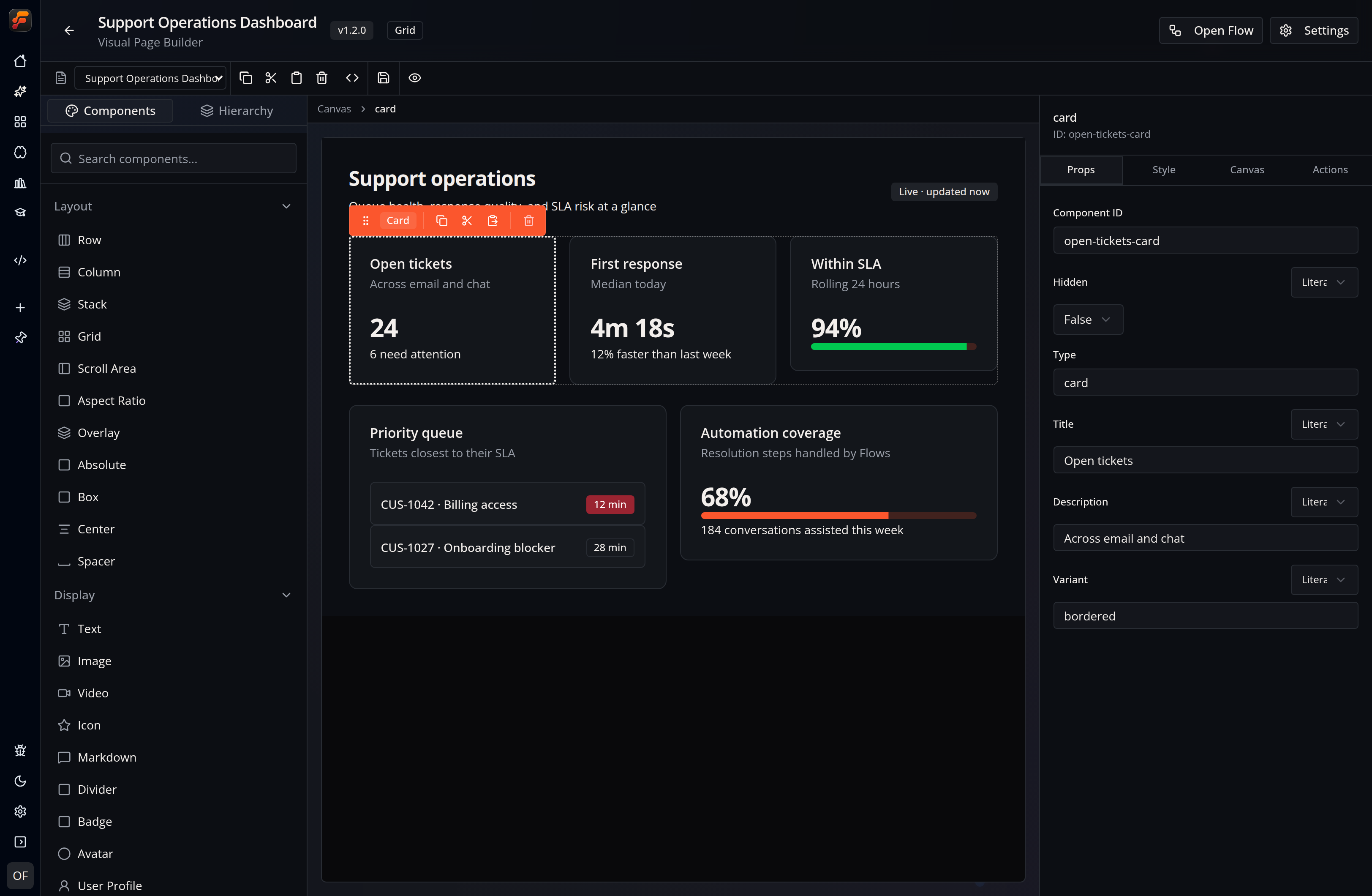 A Page being edited with the current visual A2UI builder