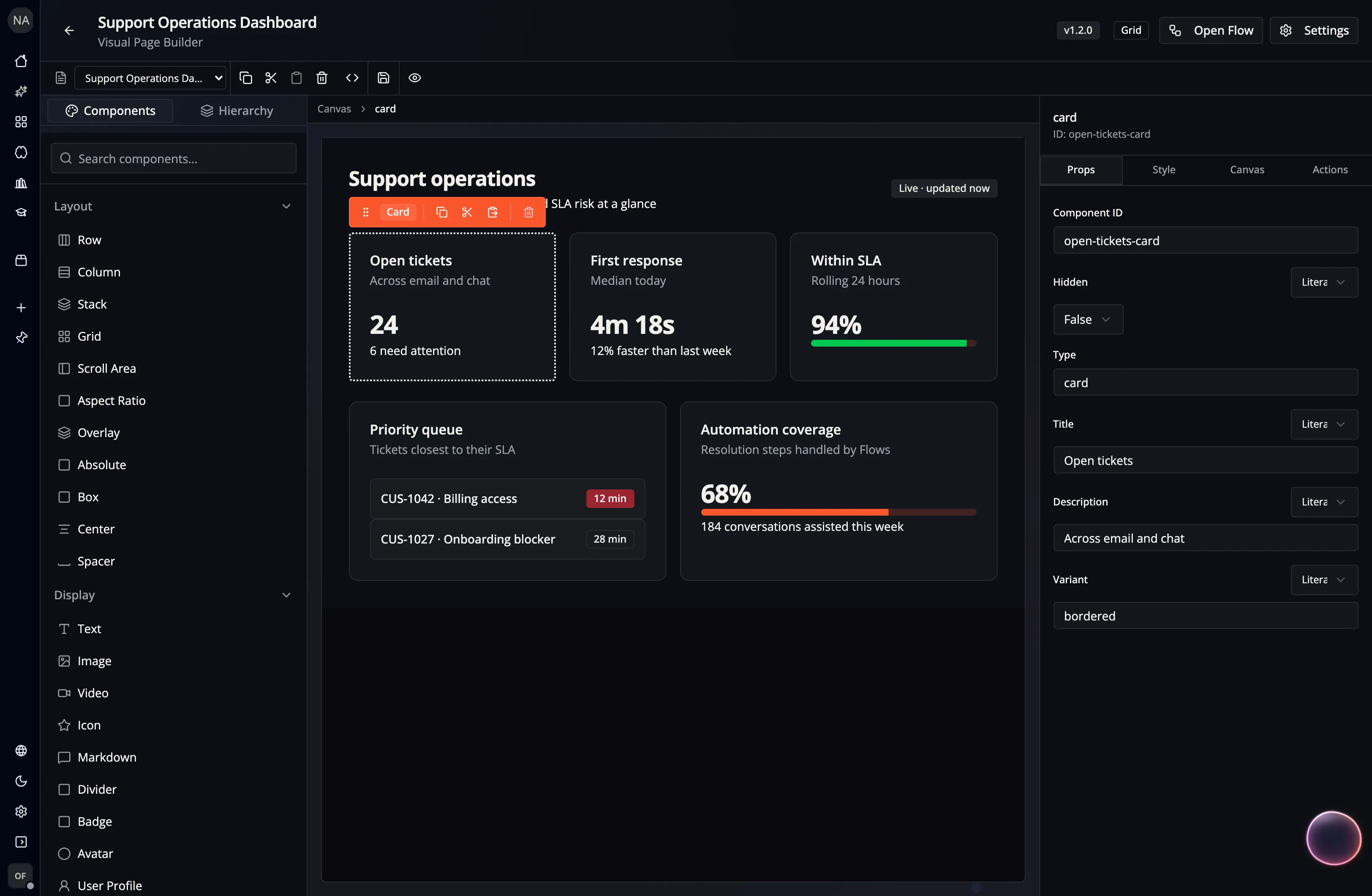 The visual Page Builder in Flow-Like Desktop, editing a support operations dashboard