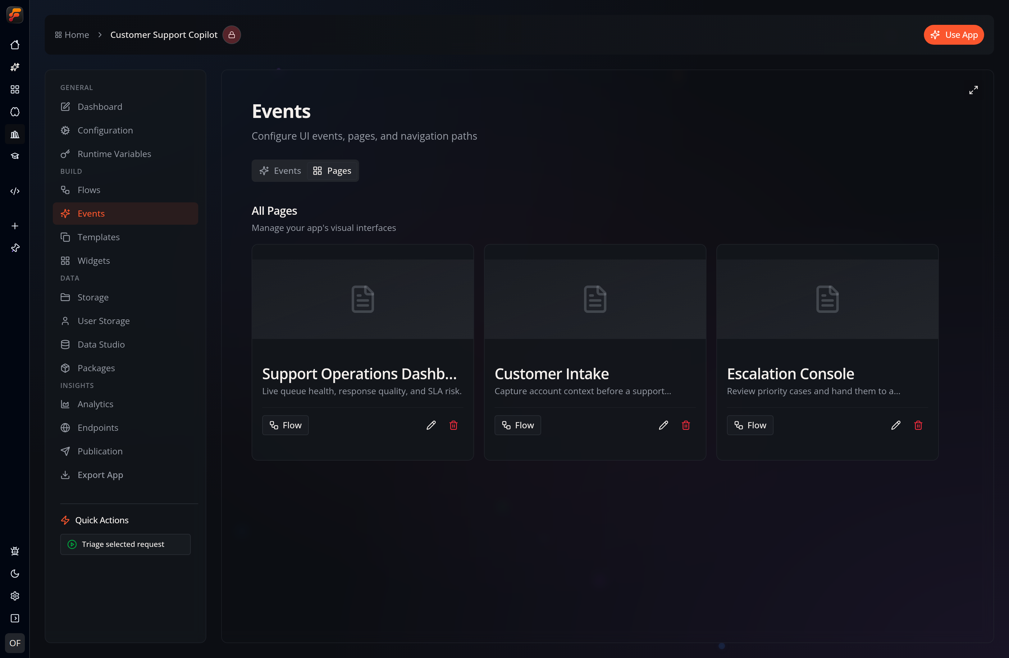 The Pages tab in Flow-Like Desktop, showing Pages connected to the Customer Support Automation Flow