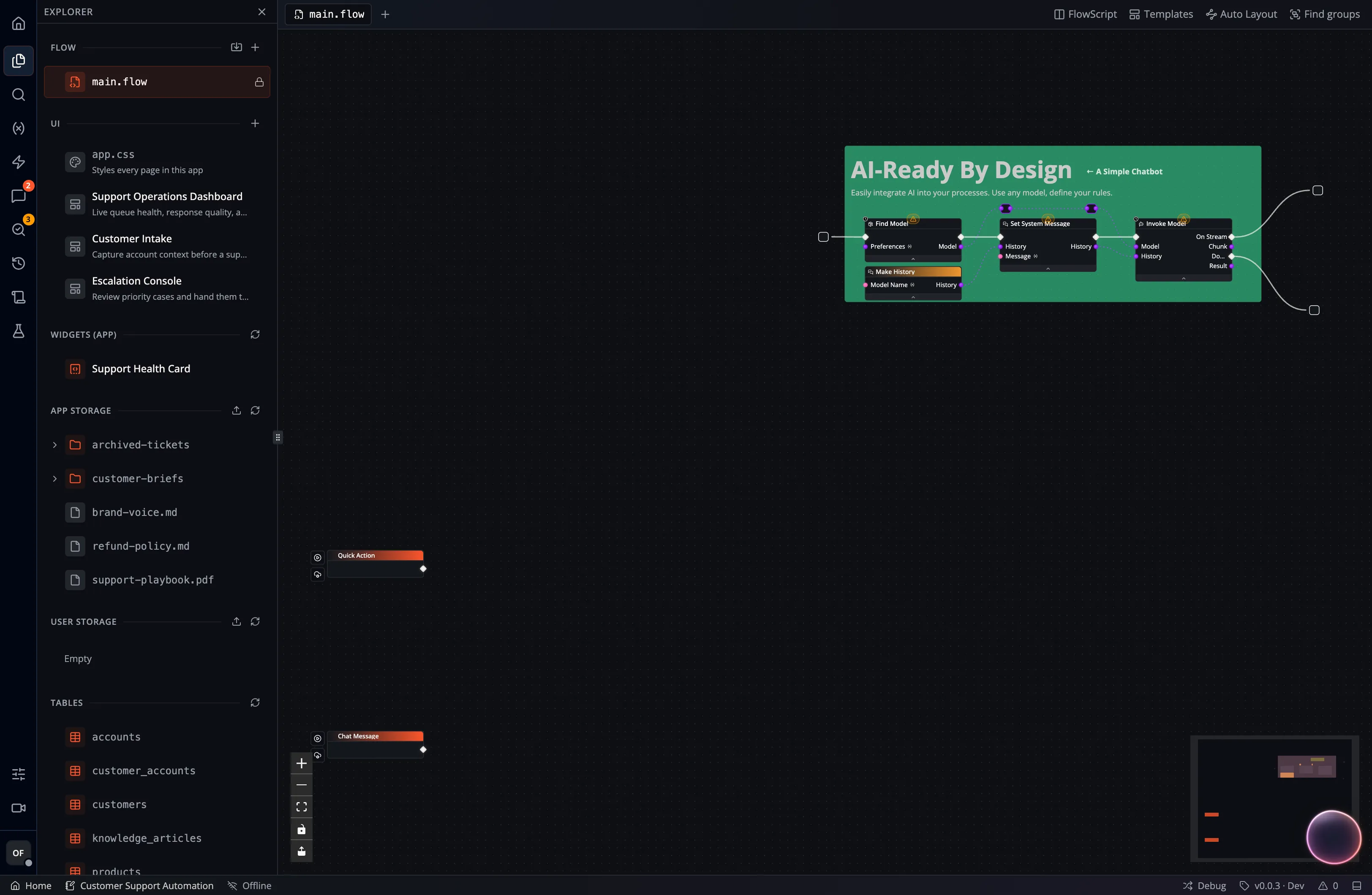 The Flow Explorer listing Pages under UI, with Widgets, storage, and tables below