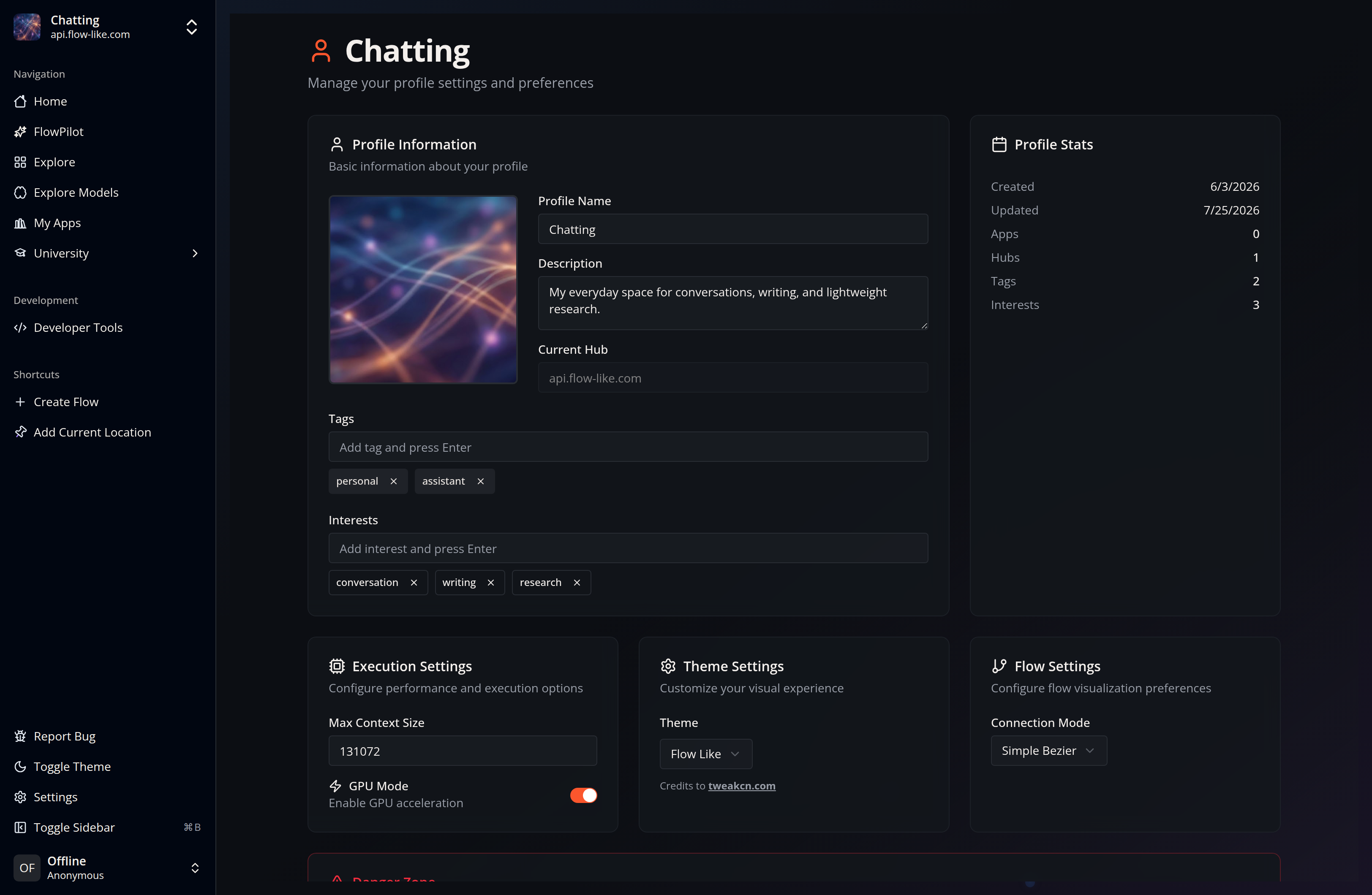 A screenshot of Flow-Like Desktop showing a preview of the Profile Settings page