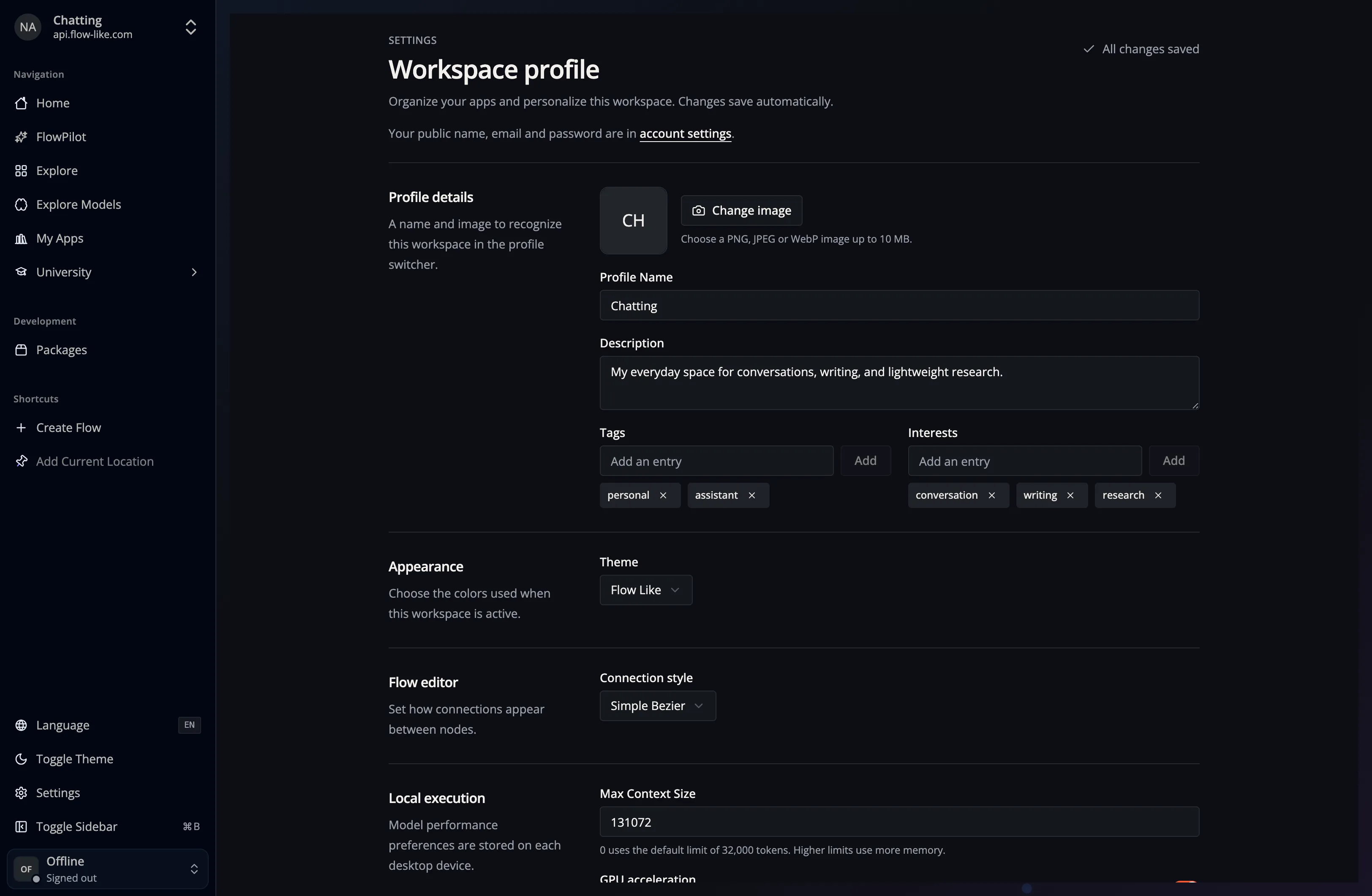 A screenshot of Flow-Like Desktop showing a preview of the Profile Settings page