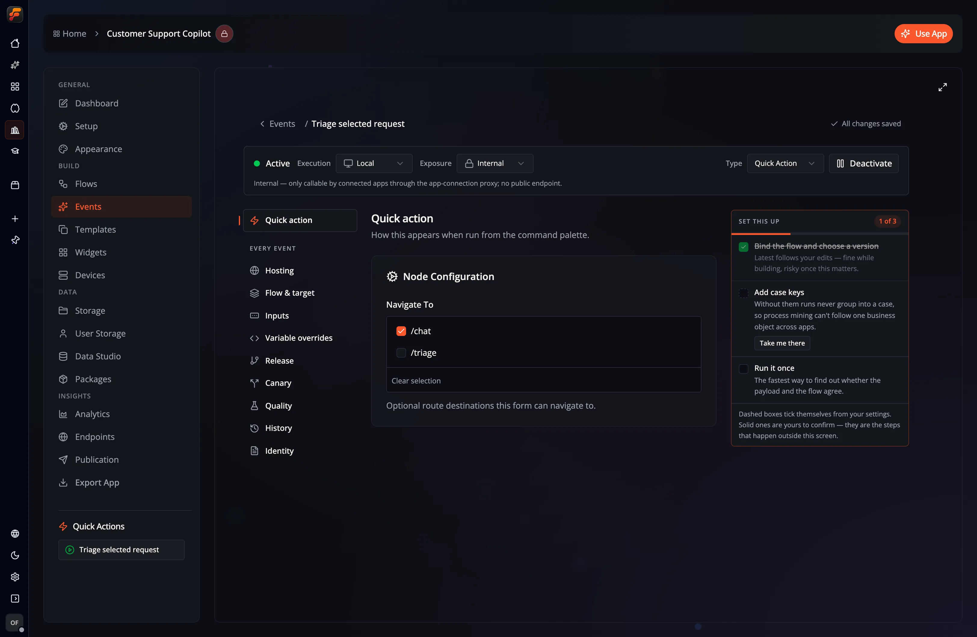 The configuration screen for a Quick Action event in Flow-Like Desktop