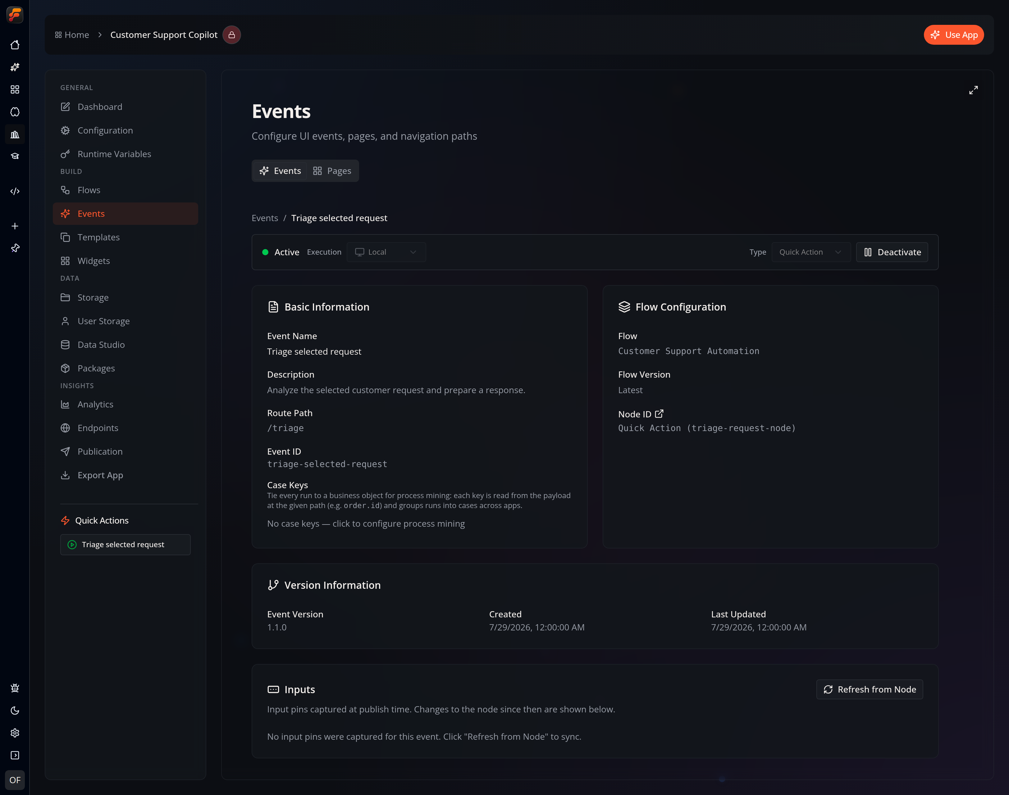 The configuration screen for a Quick Action event in Flow-Like Desktop